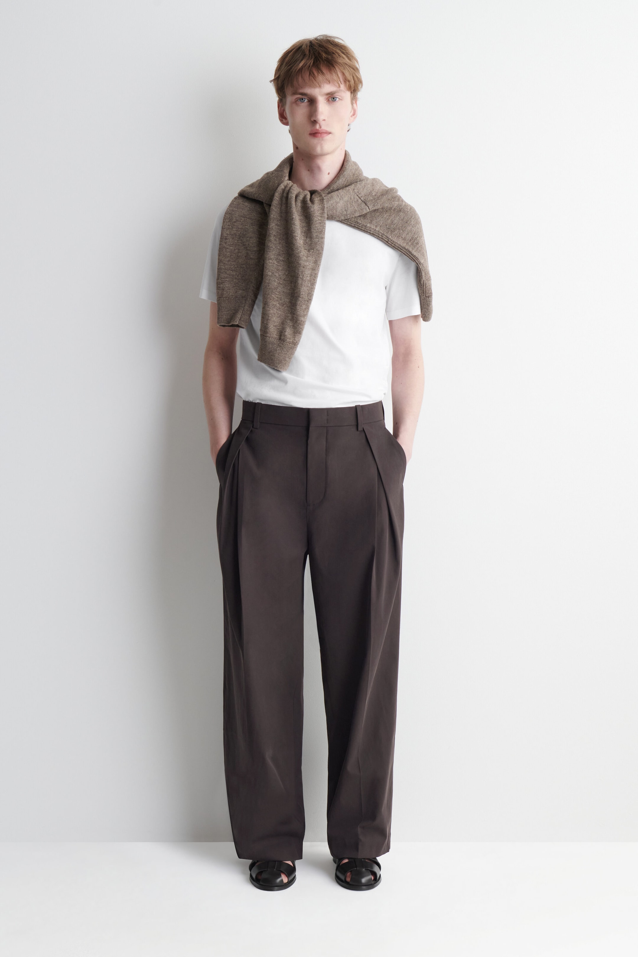 PLEATED COTTON RELAXED-FIT WIDE-LEG TROUSERS