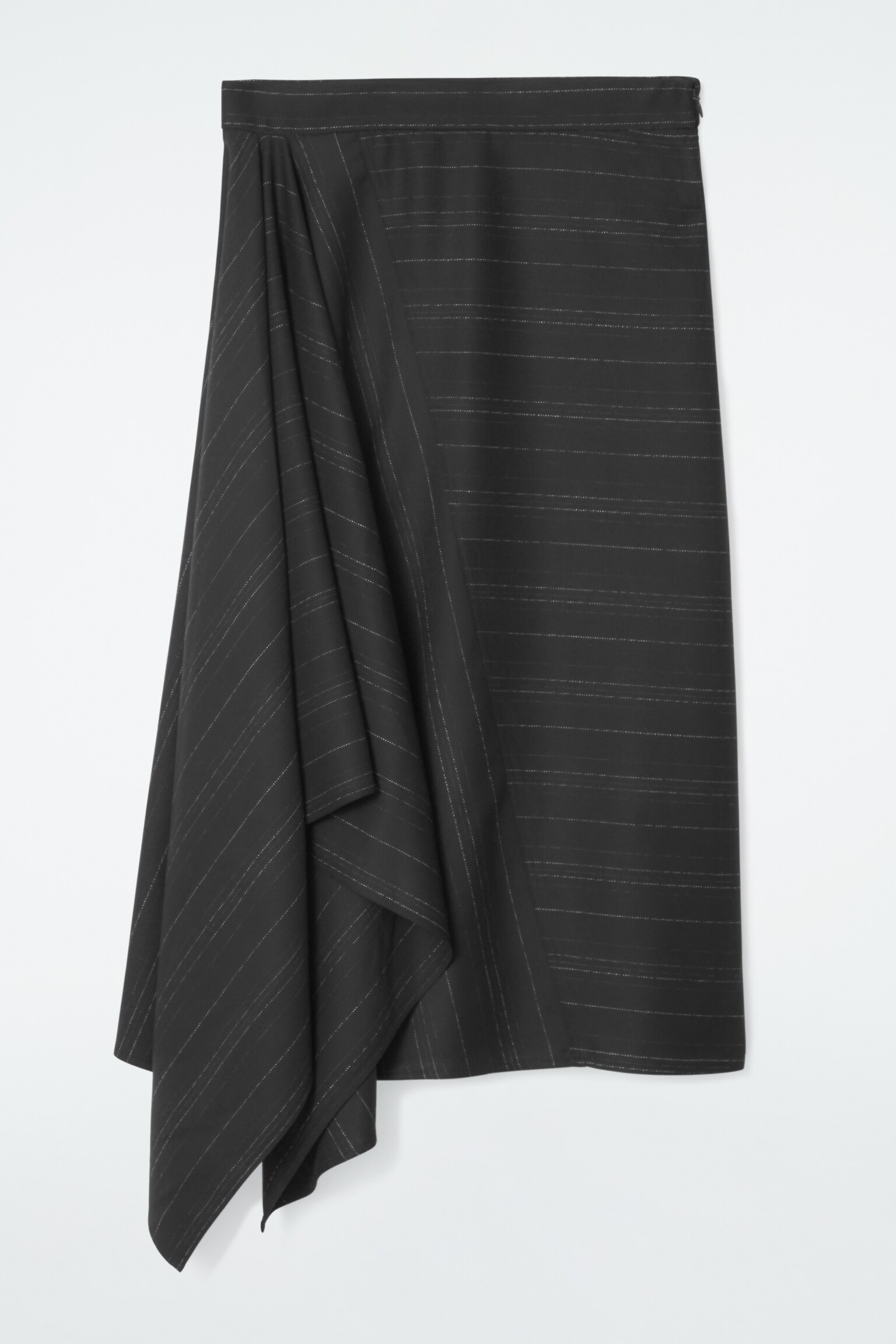ASYMMETRIC PINSTRIPED WOOL SKIRT - BLACK / PINSTRIPED