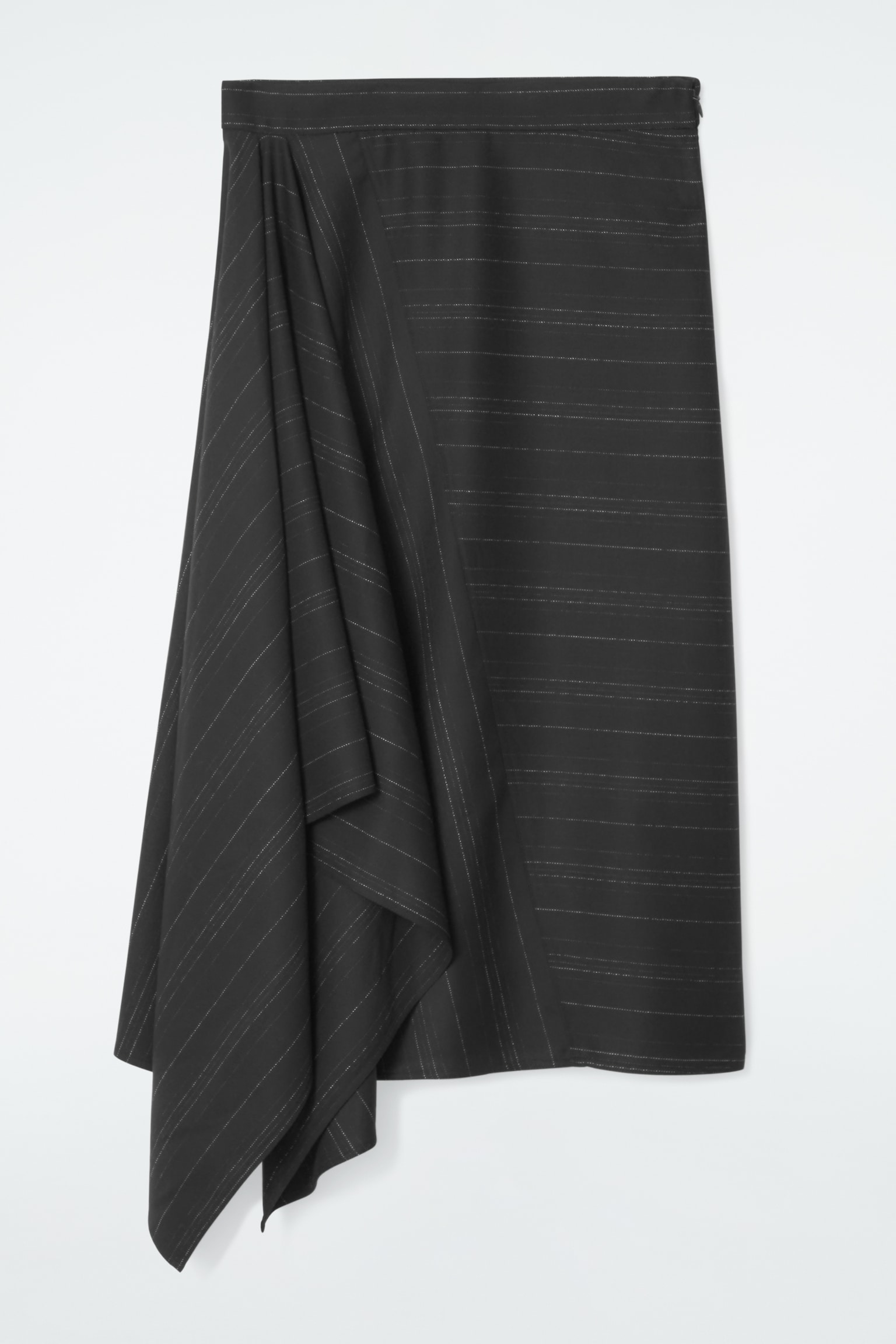 ASYMMETRIC PINSTRIPED WOOL SKIRT - BLACK / PINSTRIPED