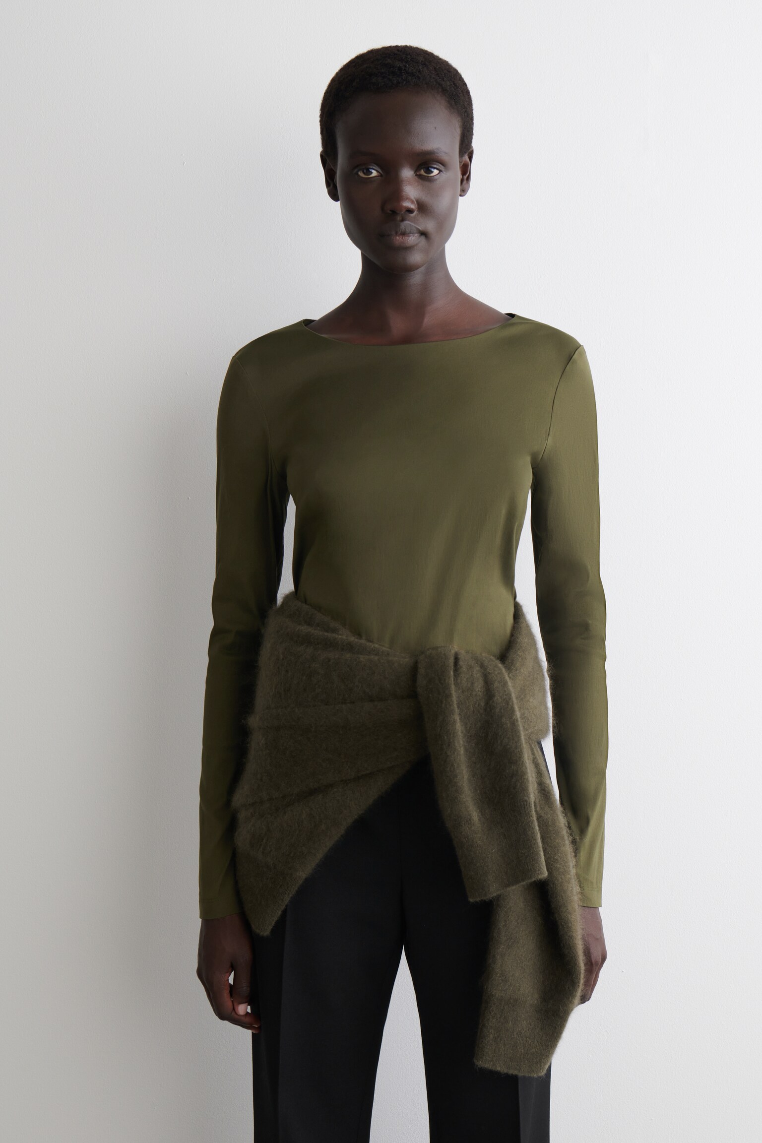TOP IN COTONE A MANICHE LUNGHE - KAKI/NERO