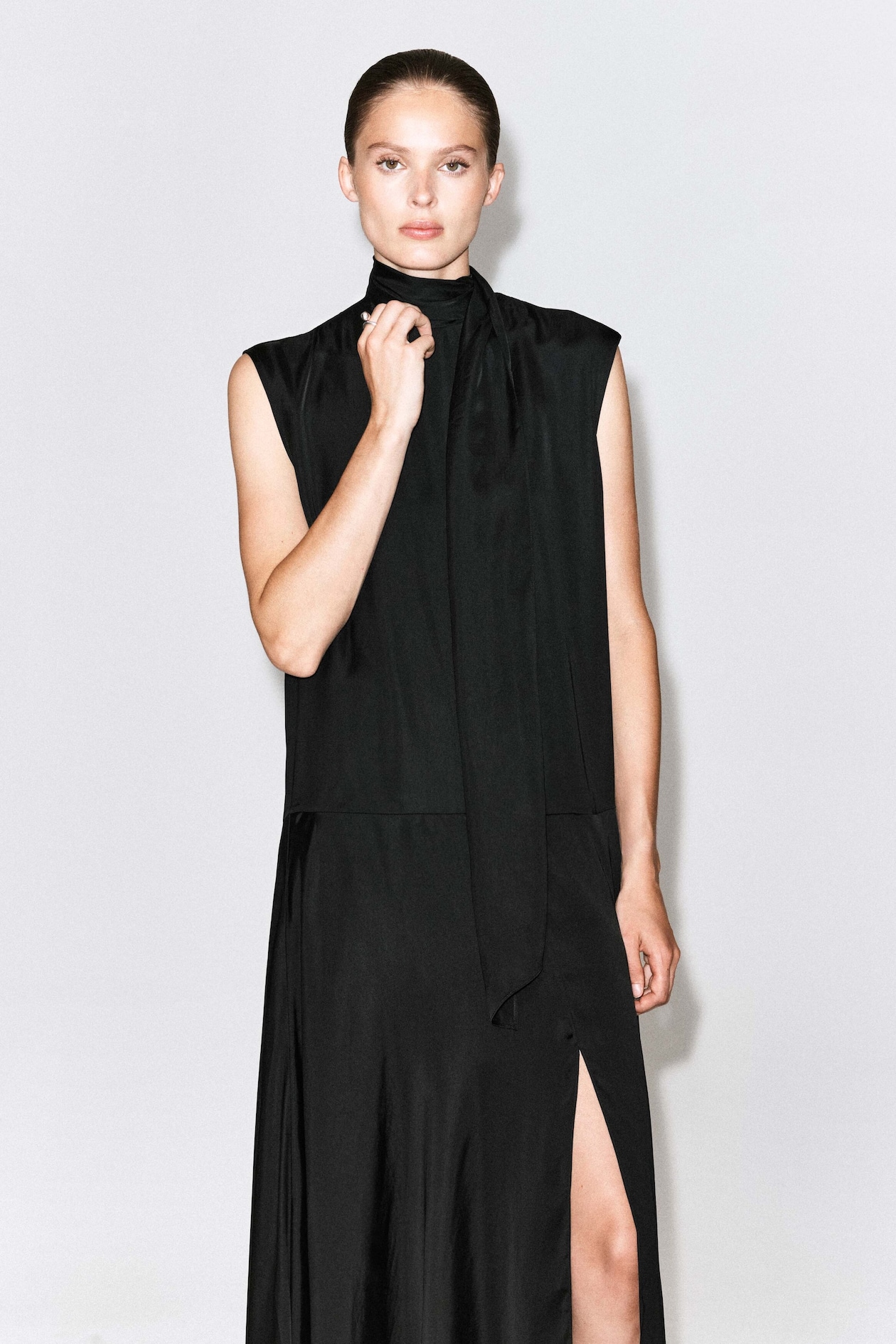 SCARF-DETAIL SATIN MAXI DRESS — CARBON