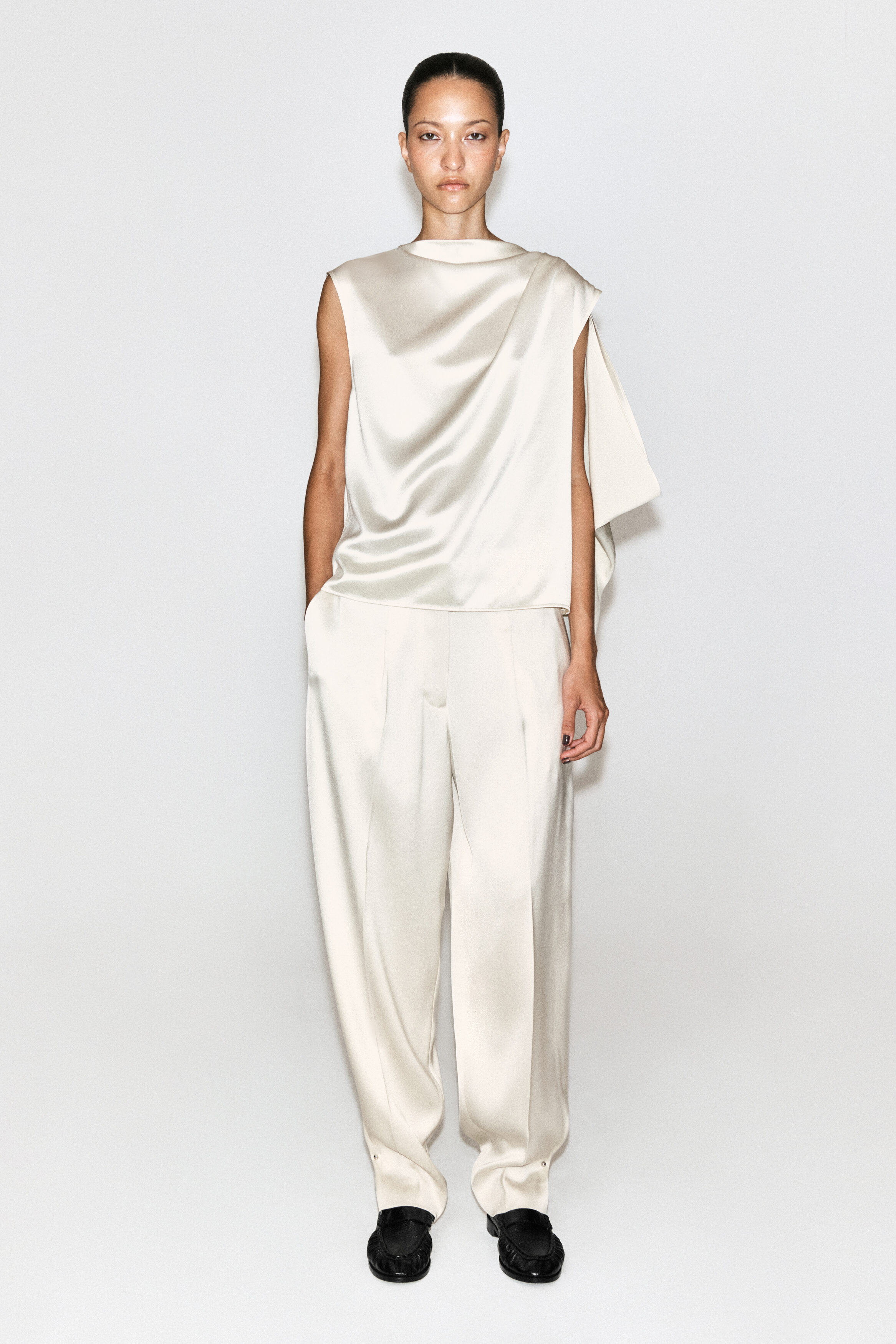 ASYMMETRIC DRAPED MATTE-SATIN TOP - OYSTER | COS DK
