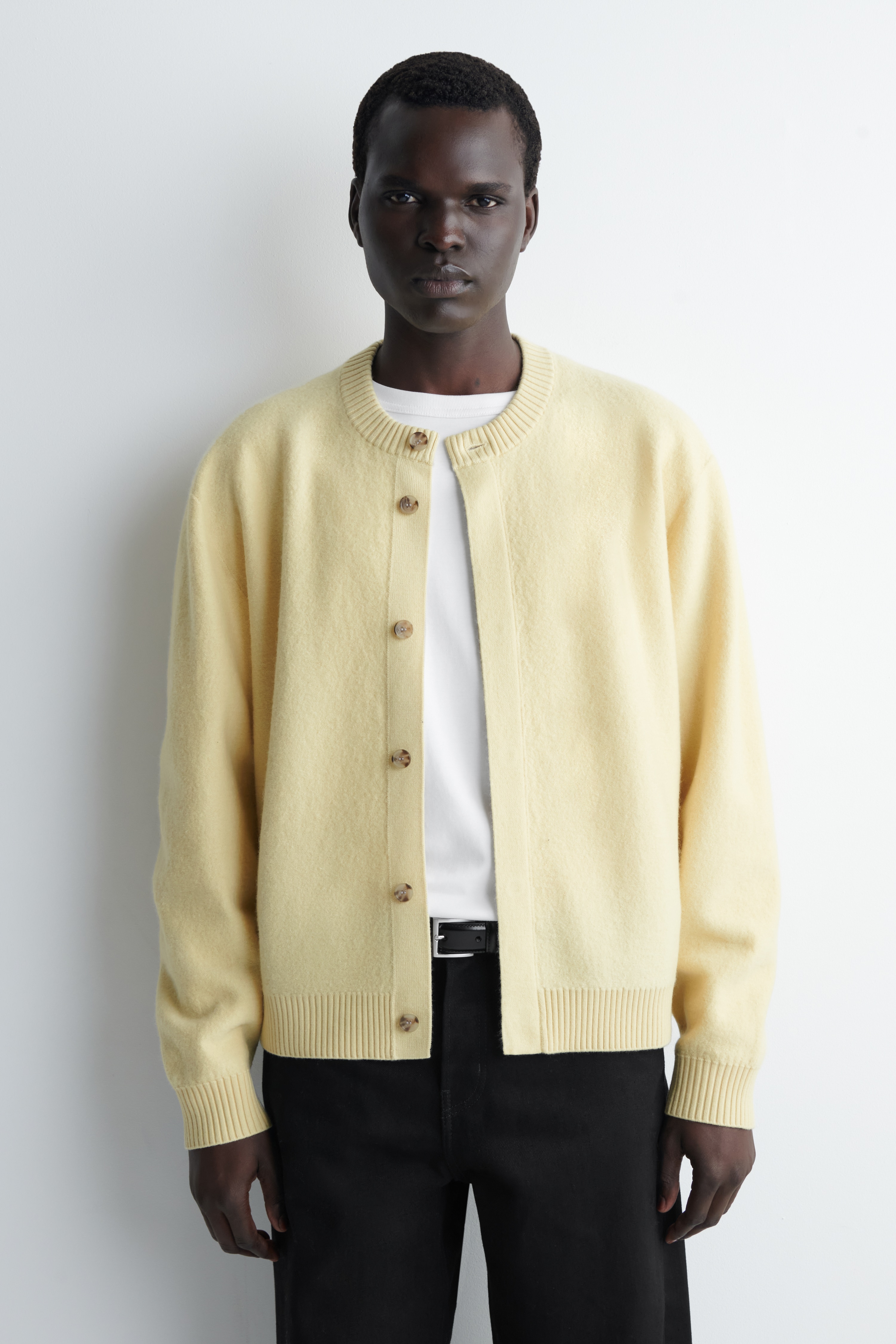 BOILED-WOOL CREW-NECK CARDIGAN - BUTTER YELLOW/BLACK