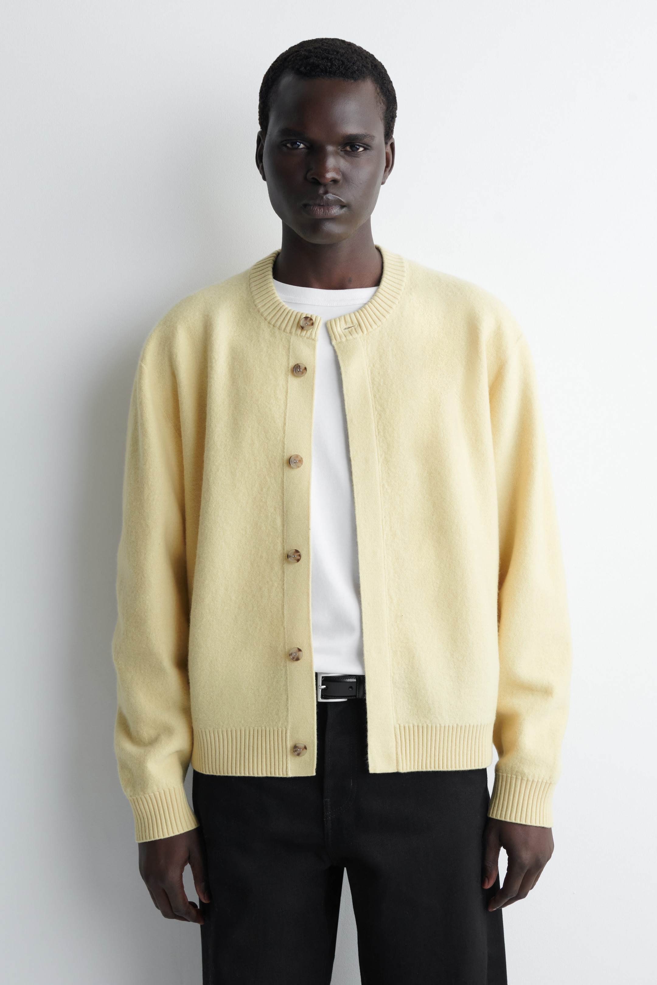 BOILED-WOOL CREW-NECK CARDIGAN