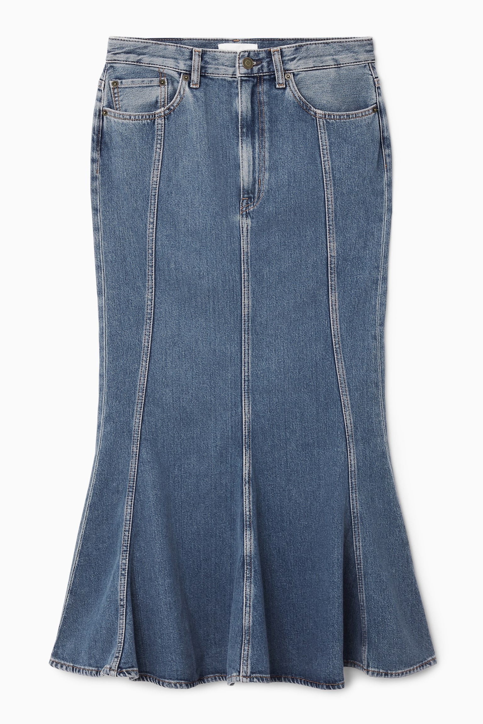 PANELLED FLARED DENIM SKIRT - FADED BLUE/BLACK