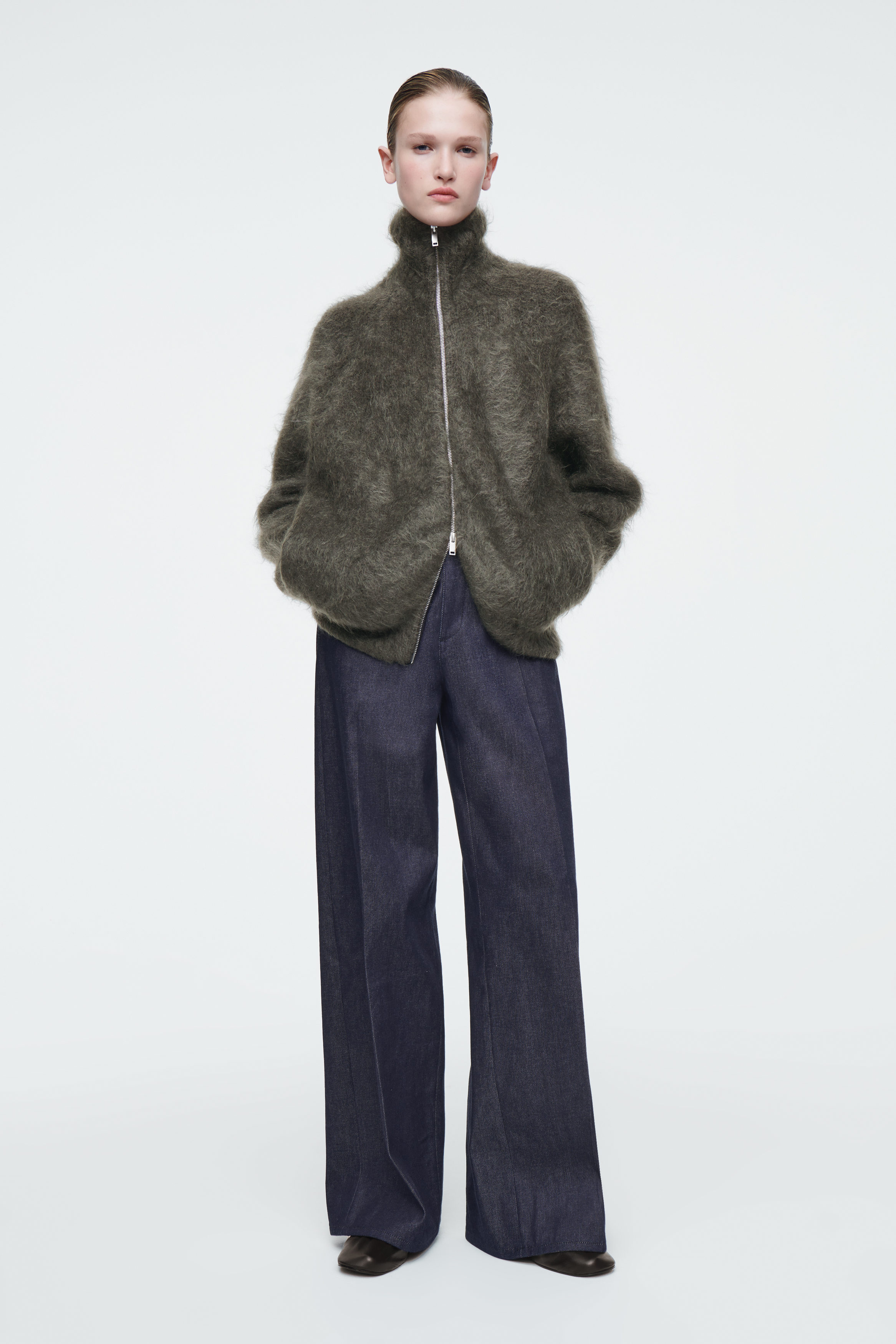 THE BRUSHED-MOHAIR ZIP-UP JACKET - DEEP OLIVE | COS