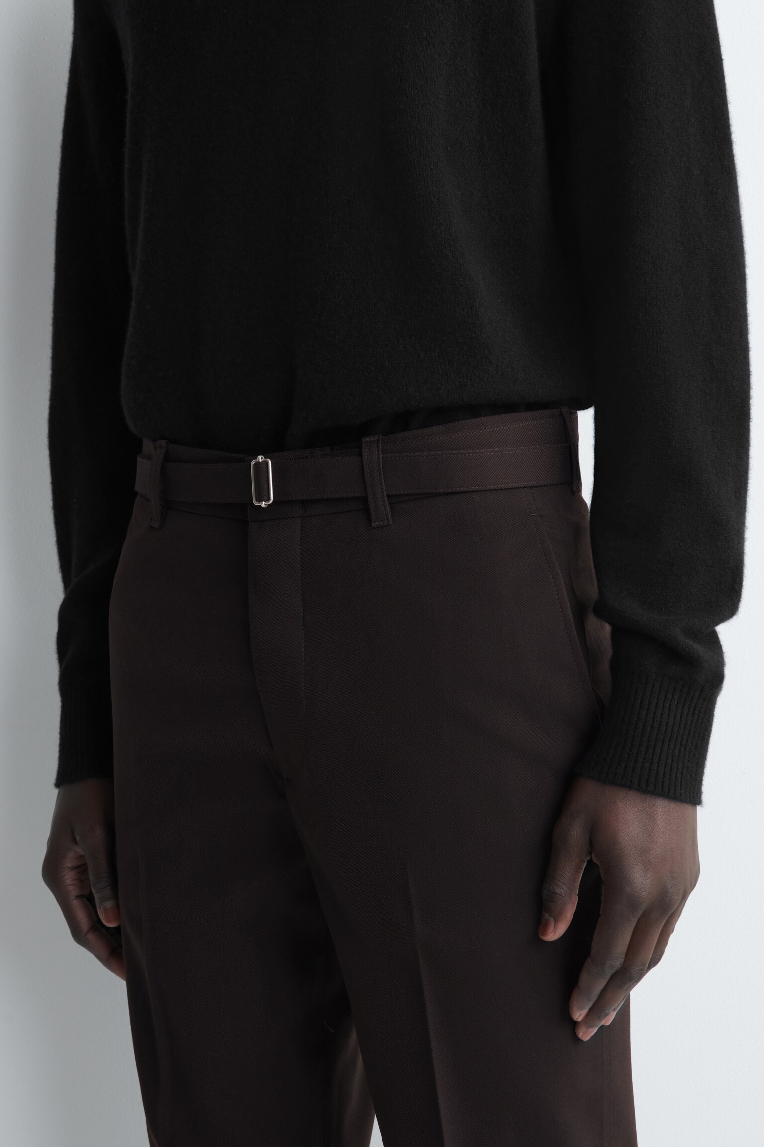 PANTALONI SLIM IN MISTO LANA CON CINTURA - MARRONE SCURO - 7