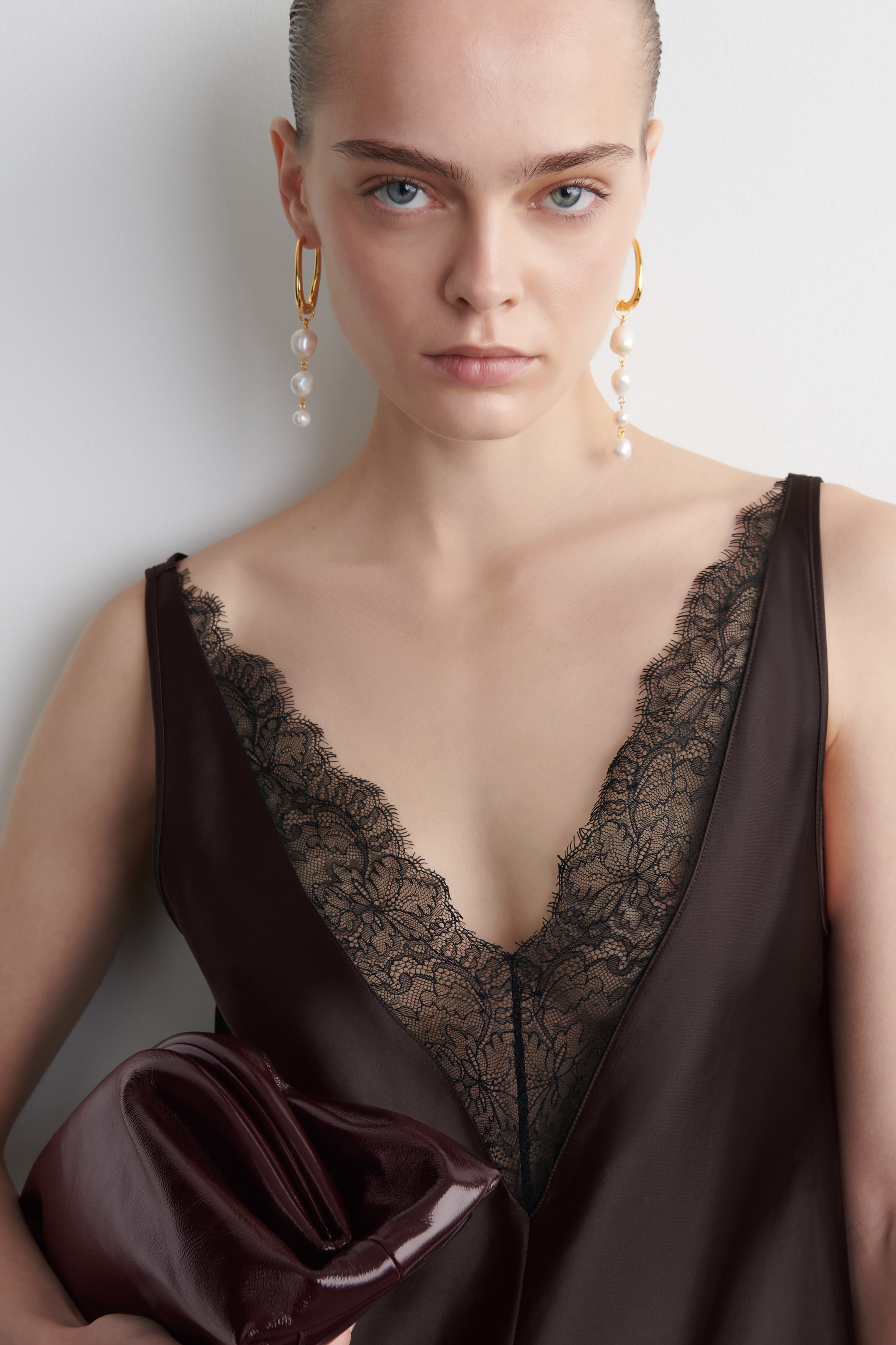 Ver imagem maior: Vestido de cetim com renda nas bordas - Castanho - SENHORA | H&M PT 3
