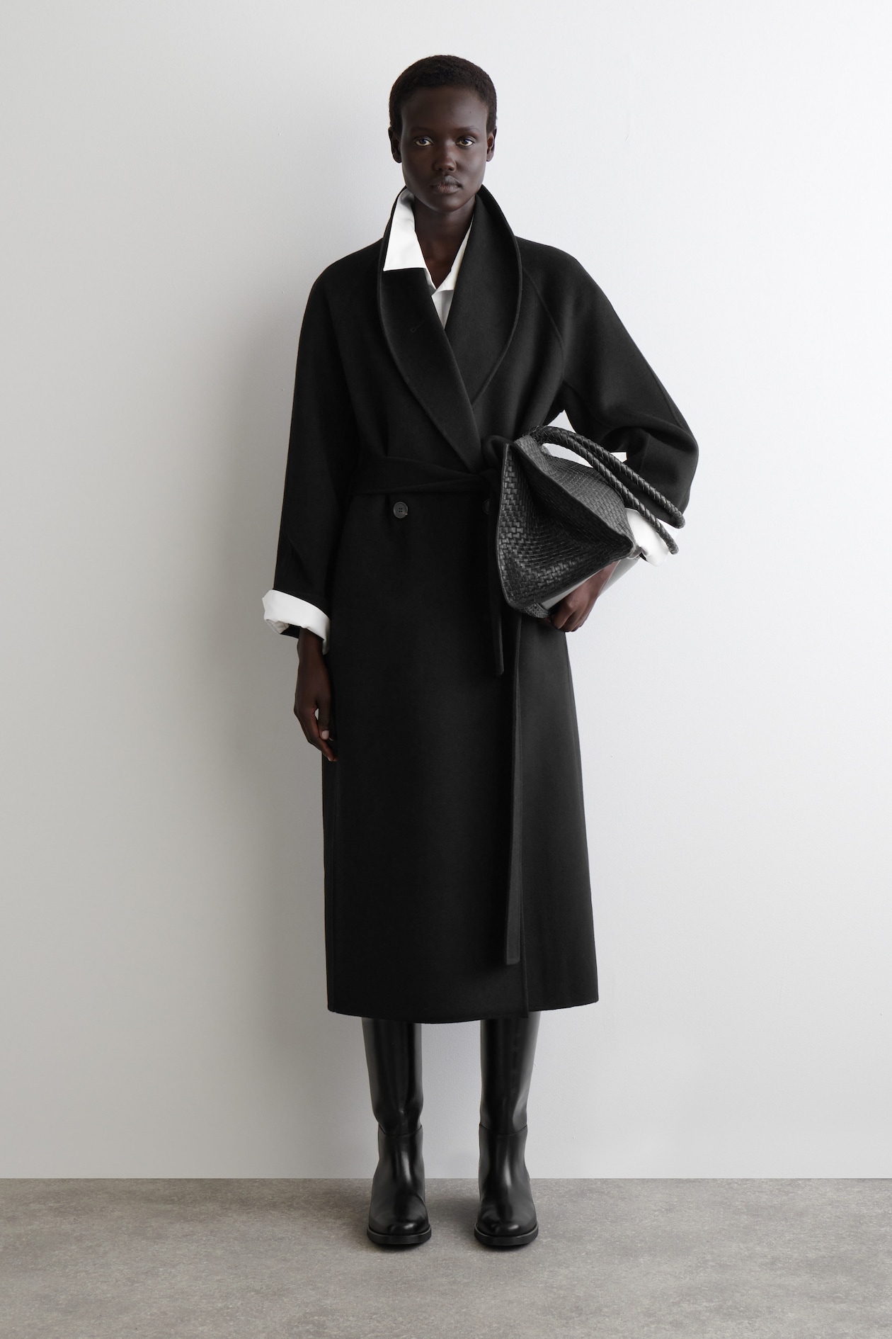 BELTED DOUBLE-FACED WOOL LONG COAT - BLACK | COS US