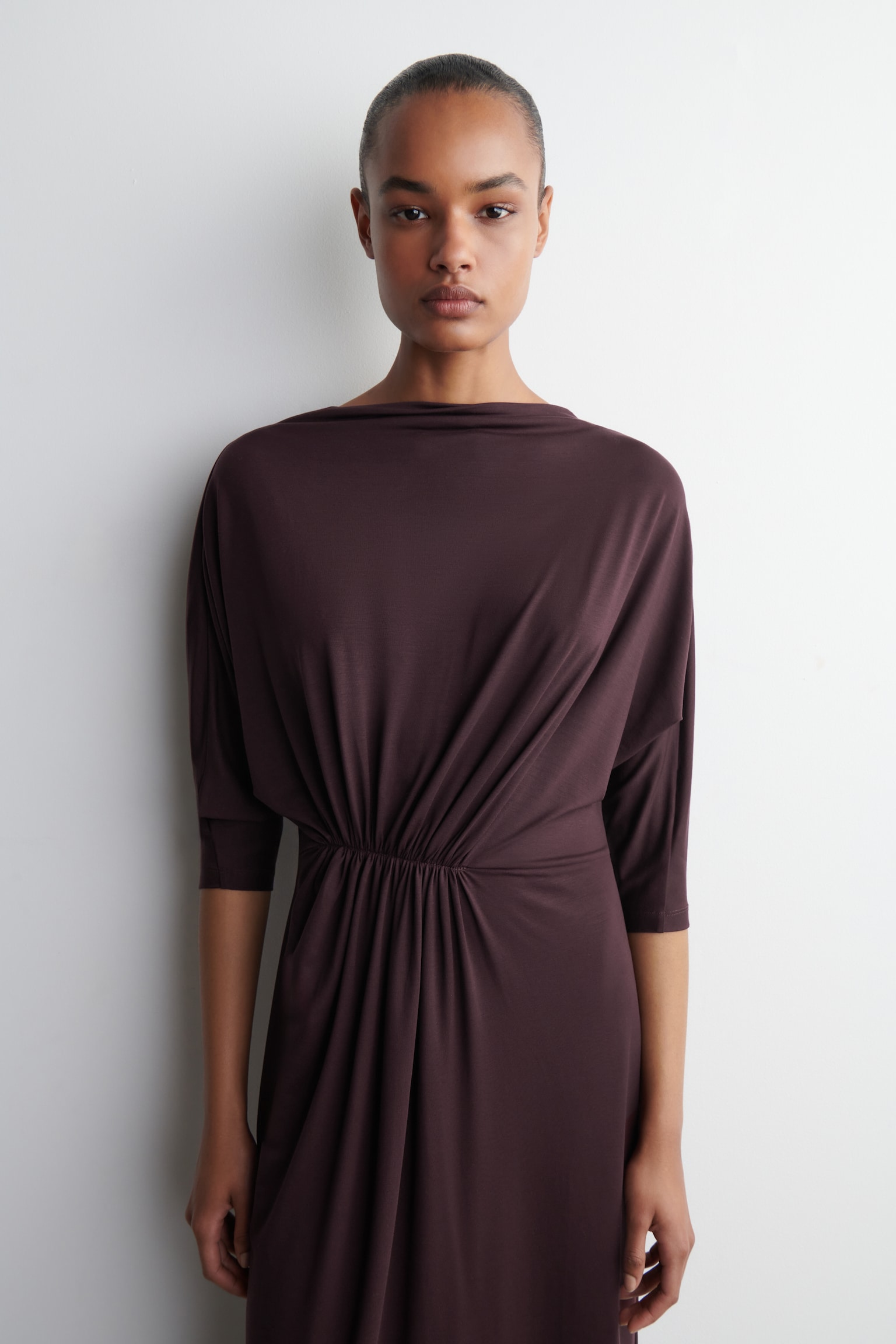 ROBE MIDI DRAPÉE À TAILLE FRONCÉE - BORDEAUX - 6