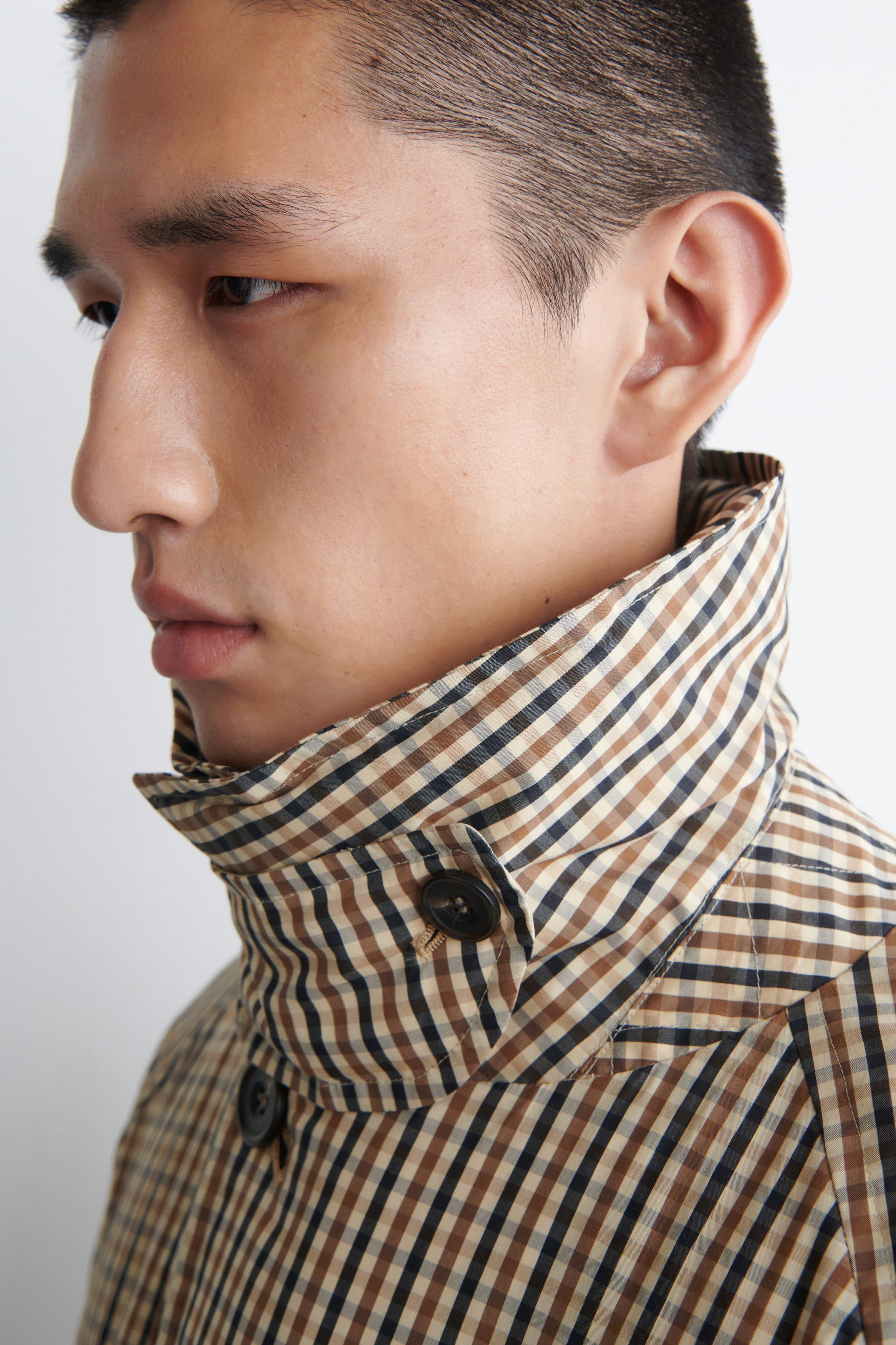 PADDED BELTED MOCK-NECK LONG COAT - BEIGE / CHECKED | COS US