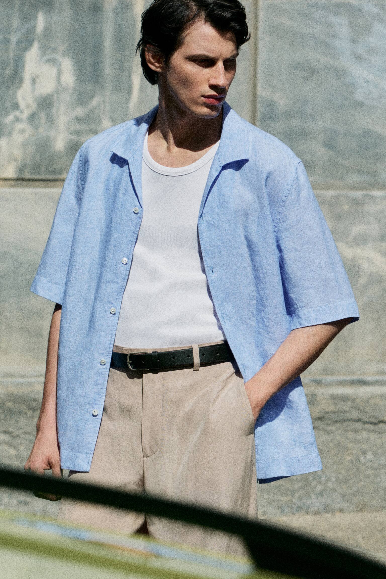 LENNÁ KOŠILE S KRÁTKÝM RUKÁVEM A CAMP LÍMEČKEM - SVĚTLE MODRÁ - 9