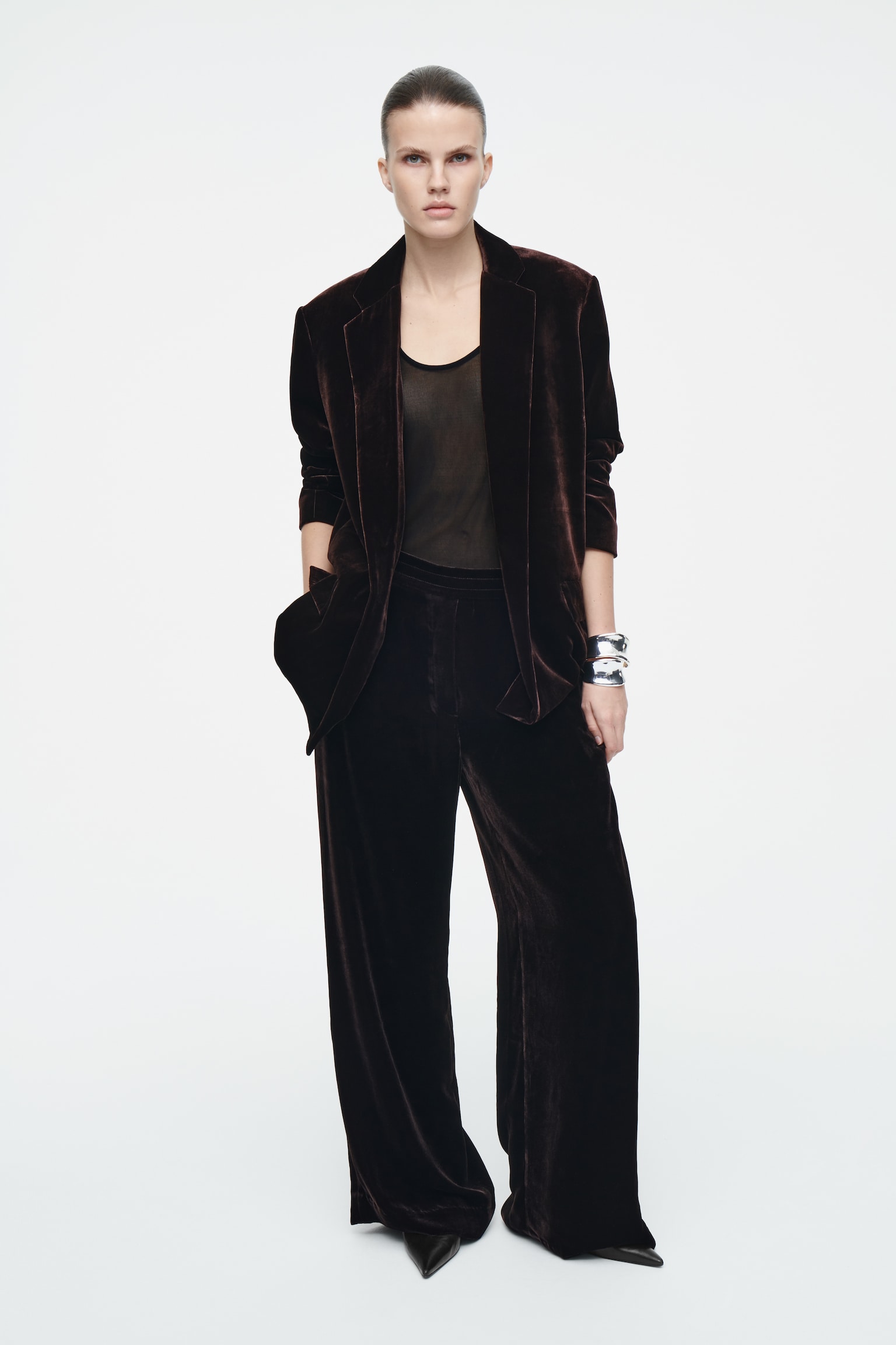 PANTALON EN VELOURS DE SOIE MÉLANGÉE - ACAJOU/BLEU - 5