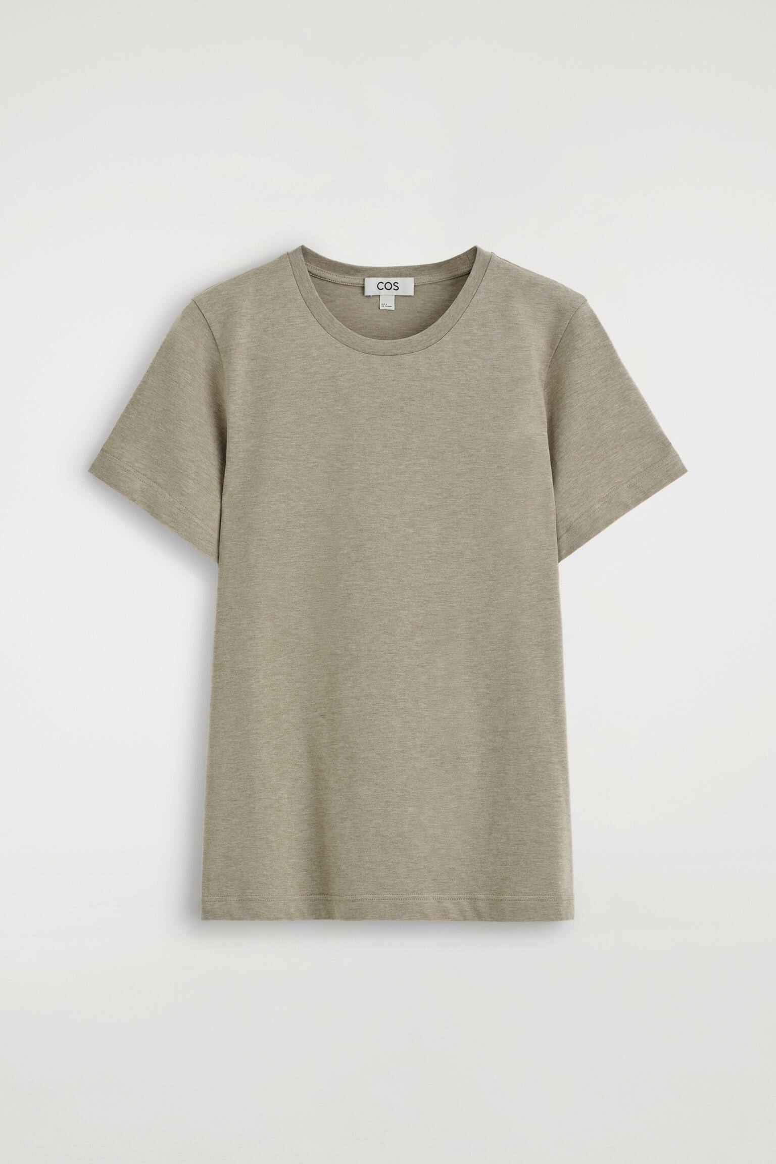 BAWEŁNIANY T-SHIRT Z OKRĄGŁYM DEKOLTEM-BEŻOWY MELANŻ - 2