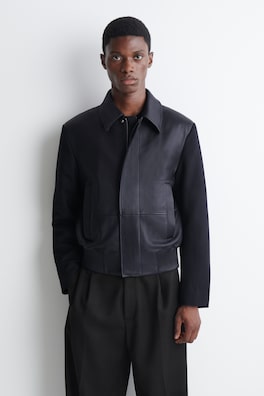 LEATHER-PANELED WOOL BOMBER JACKET — MIDNIGHT 2