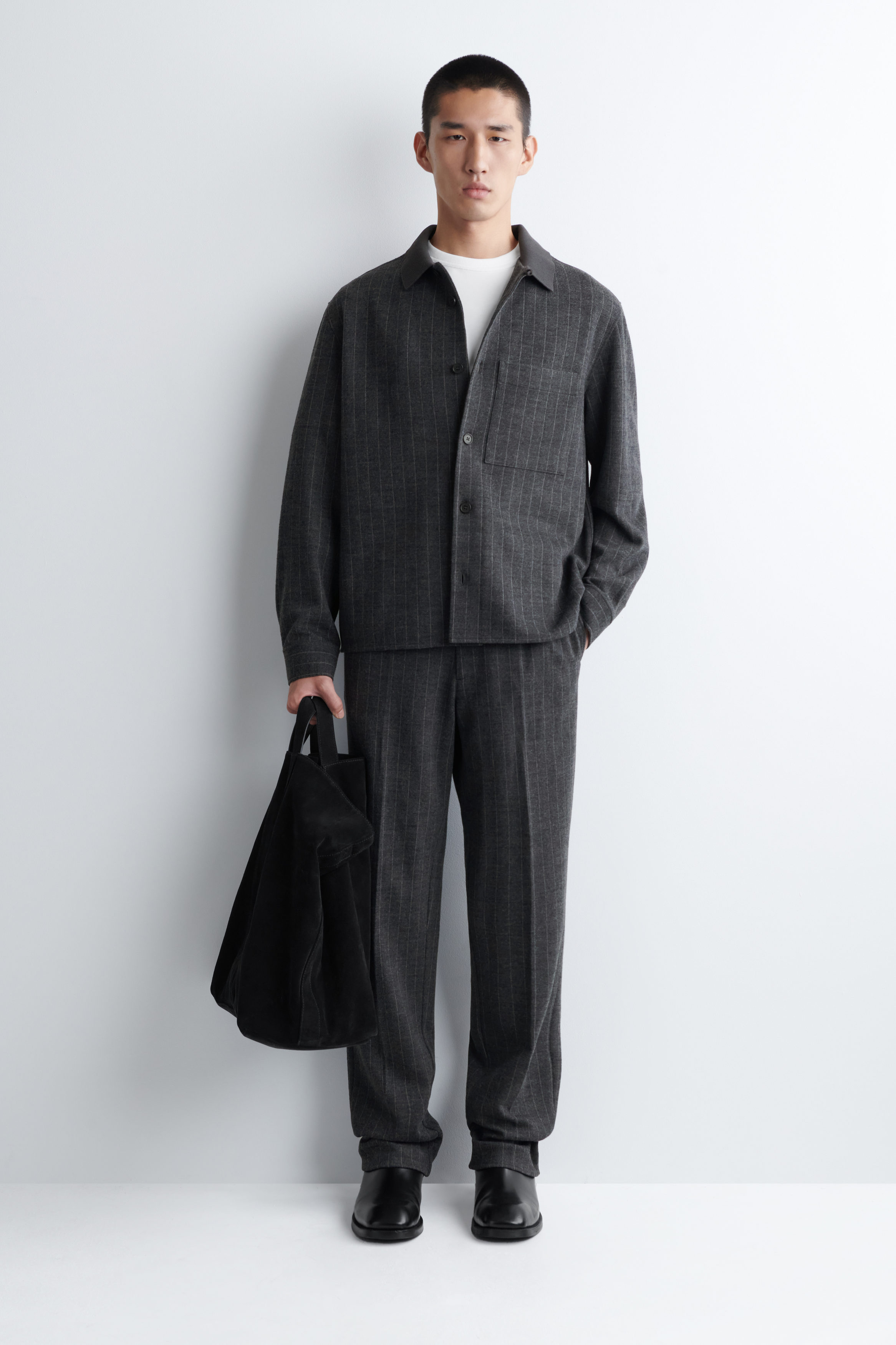 RELAXED PINSTRIPED WOOL-BLEND JERSEY SHIRT - GREY / PINSTRIPED