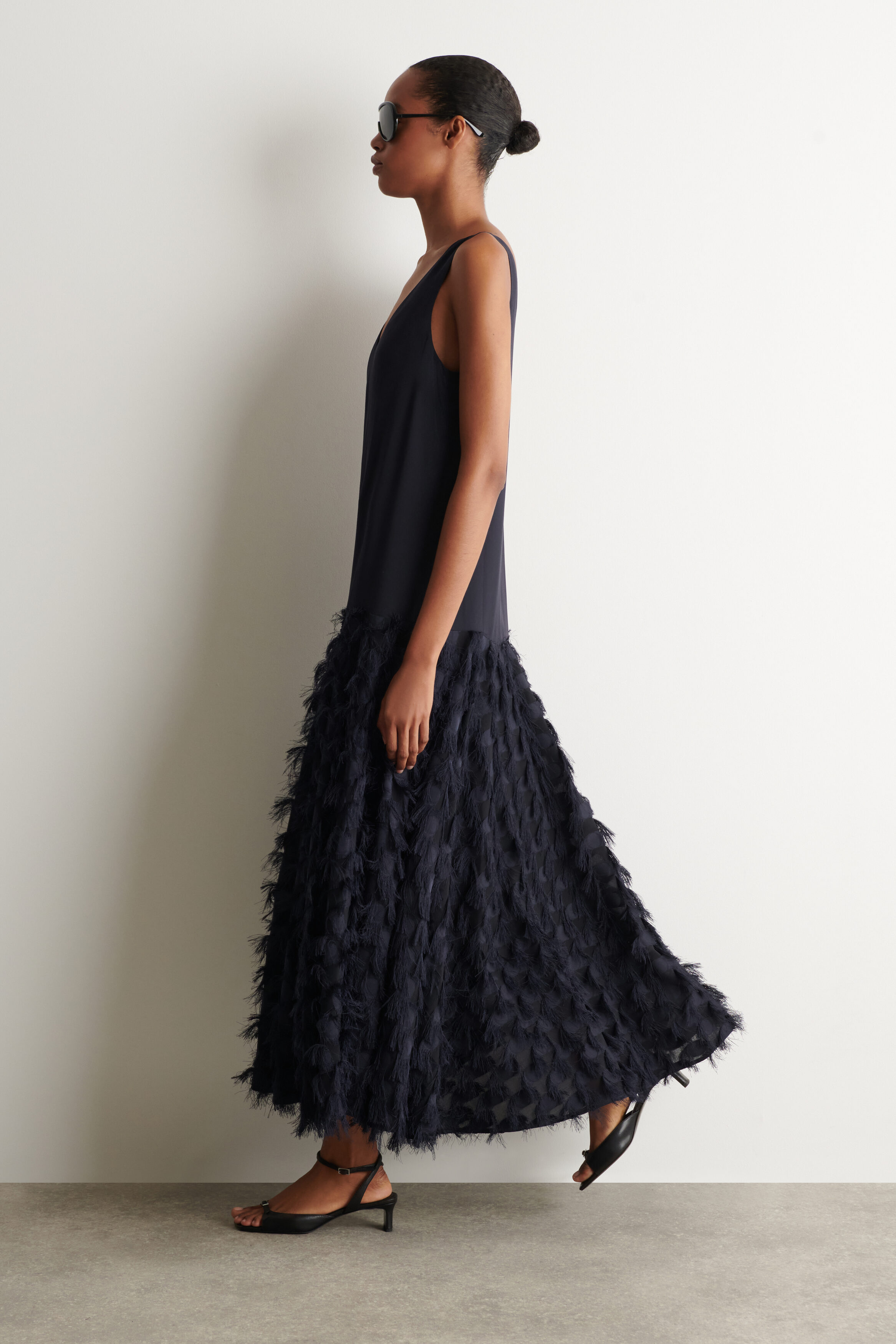 cos black drop waist dress TEXTURED DROPPED-WAIST MAXI DRESS