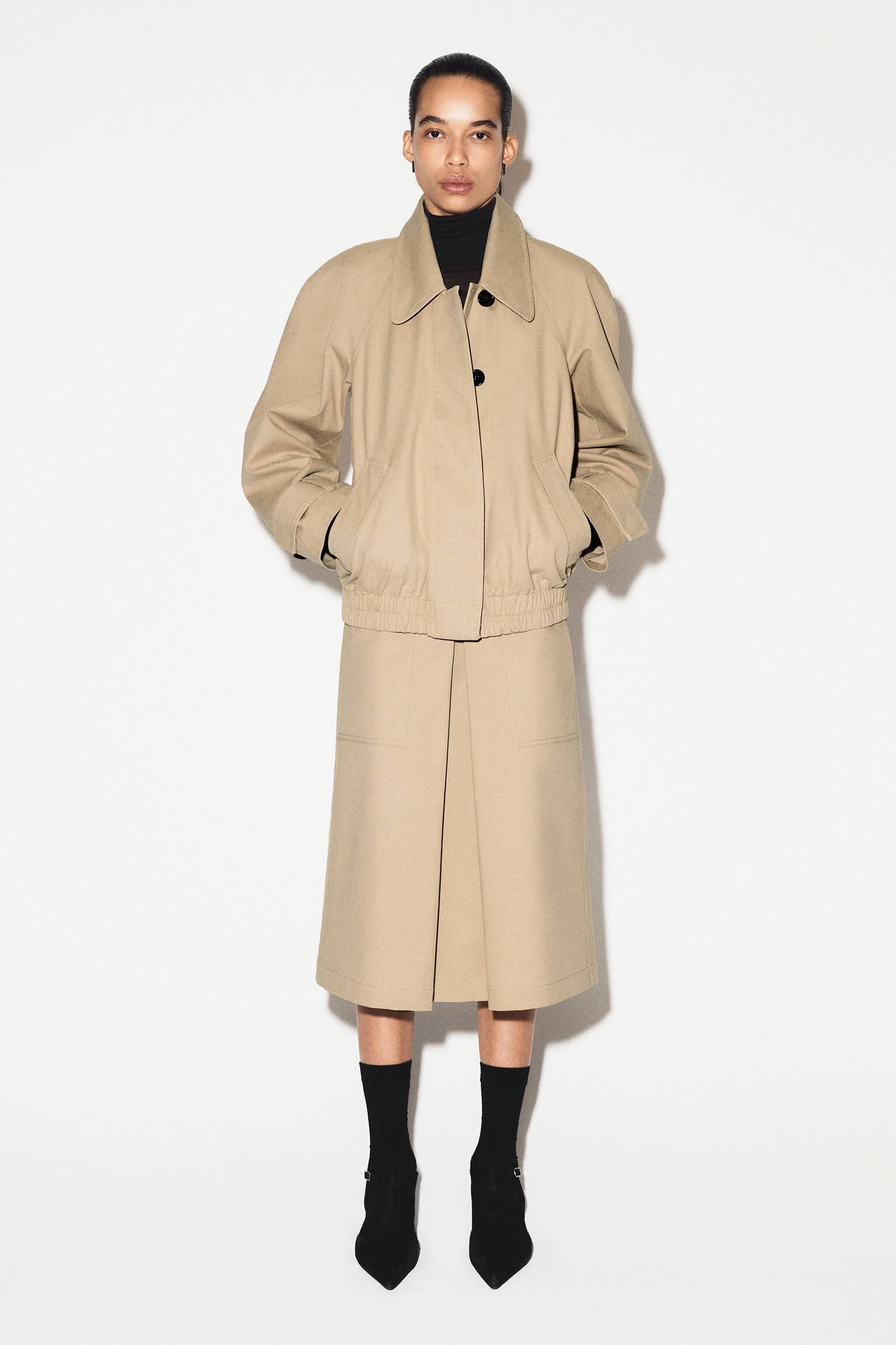 DECONSTRUCTED PLEATED COTTON MIDI SKIRT - בז' - 5