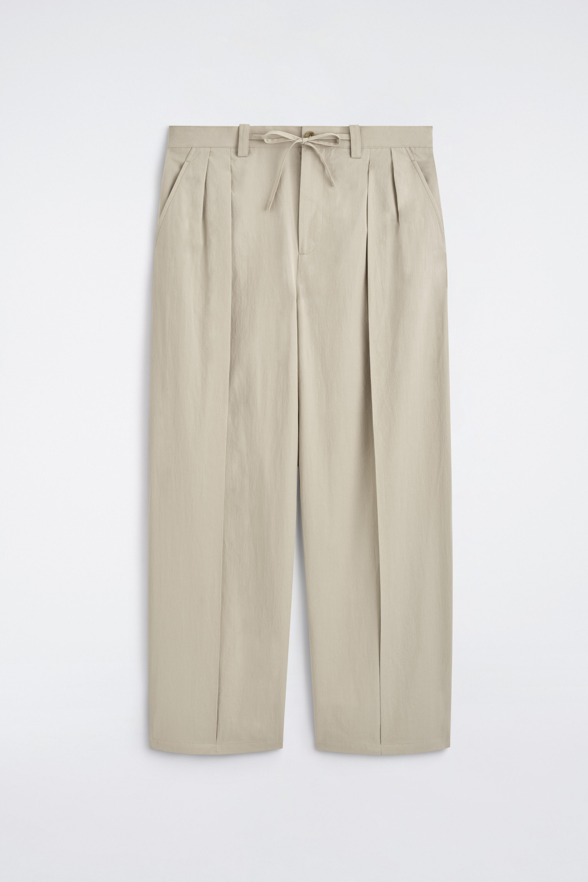 Cotton Relaxed Wide-Leg Drawstring Trousers - Beige