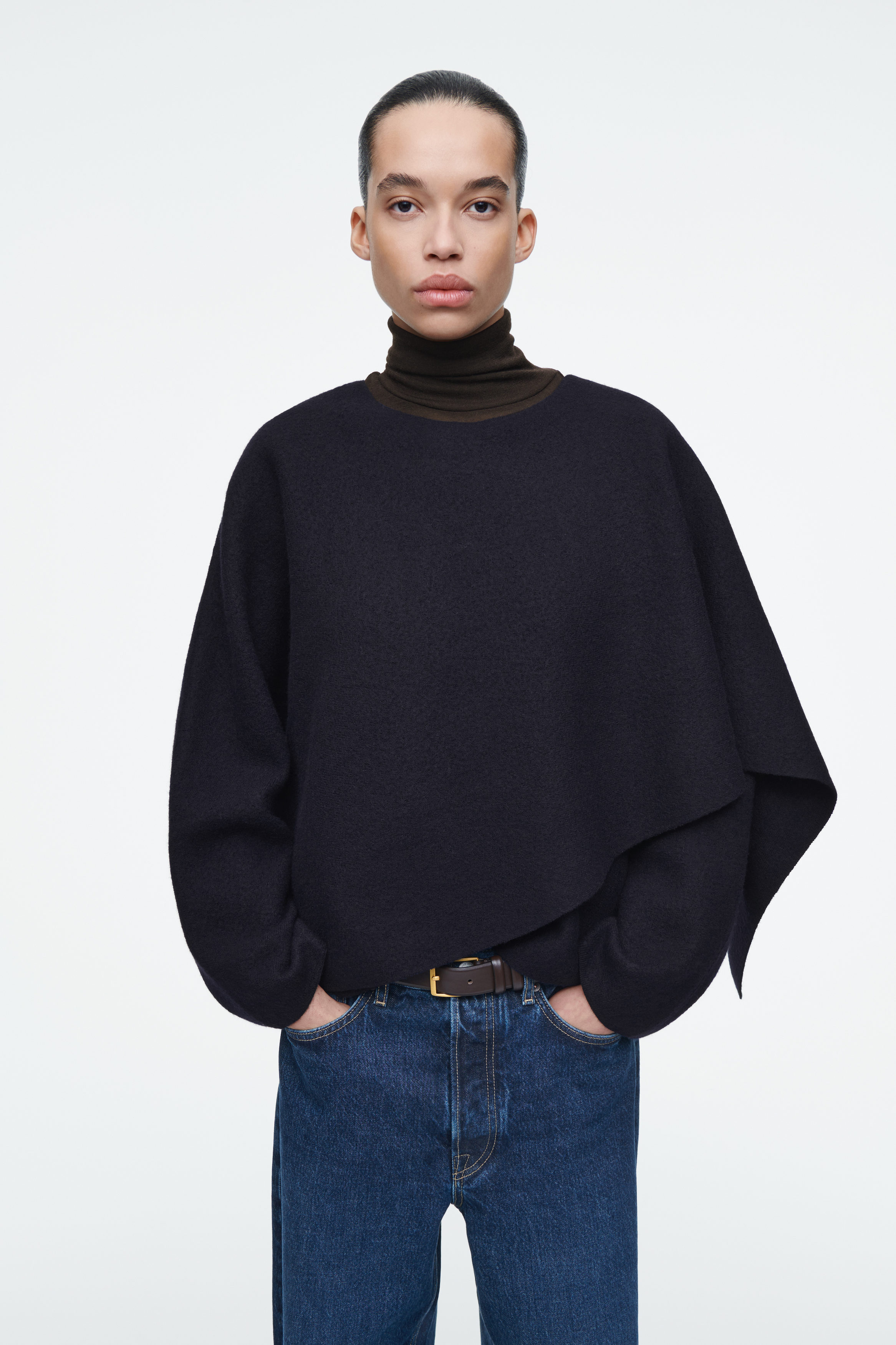 SCARF-DETAIL WOOL CAPE - NAVY | COS