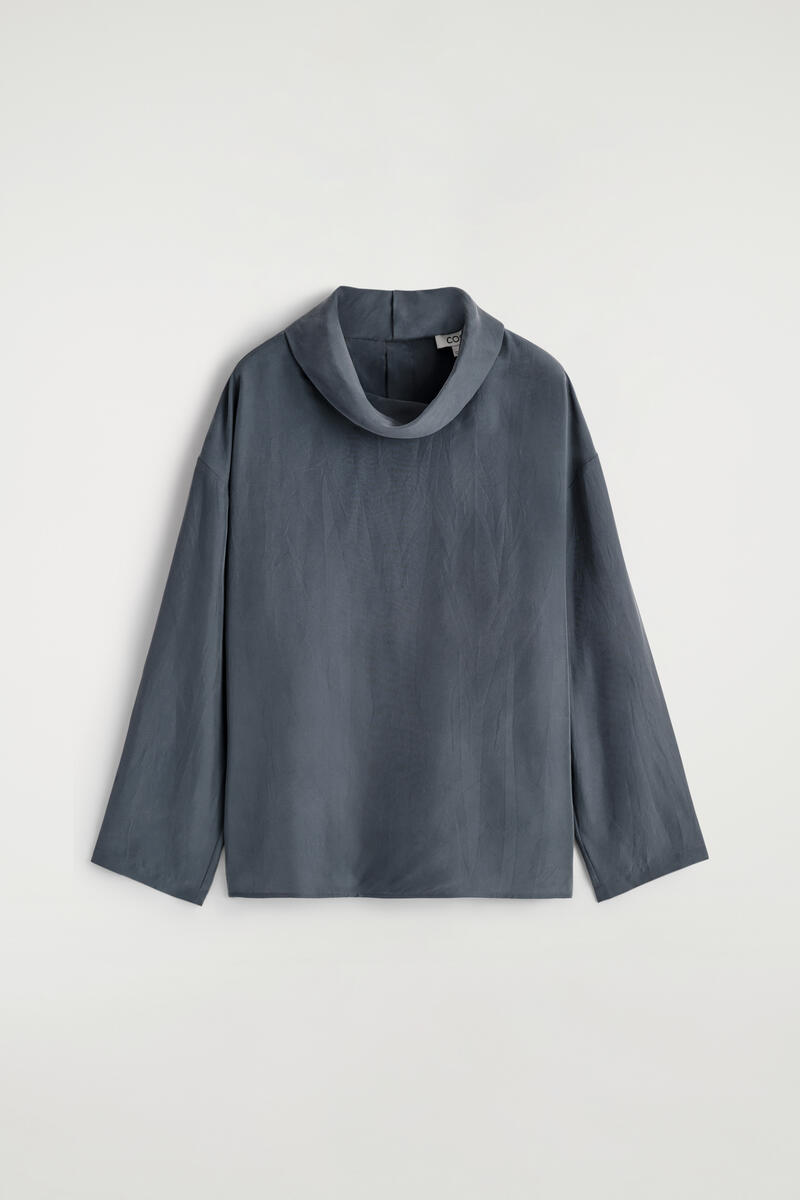 Washed-Silk Funnel-Neck Top