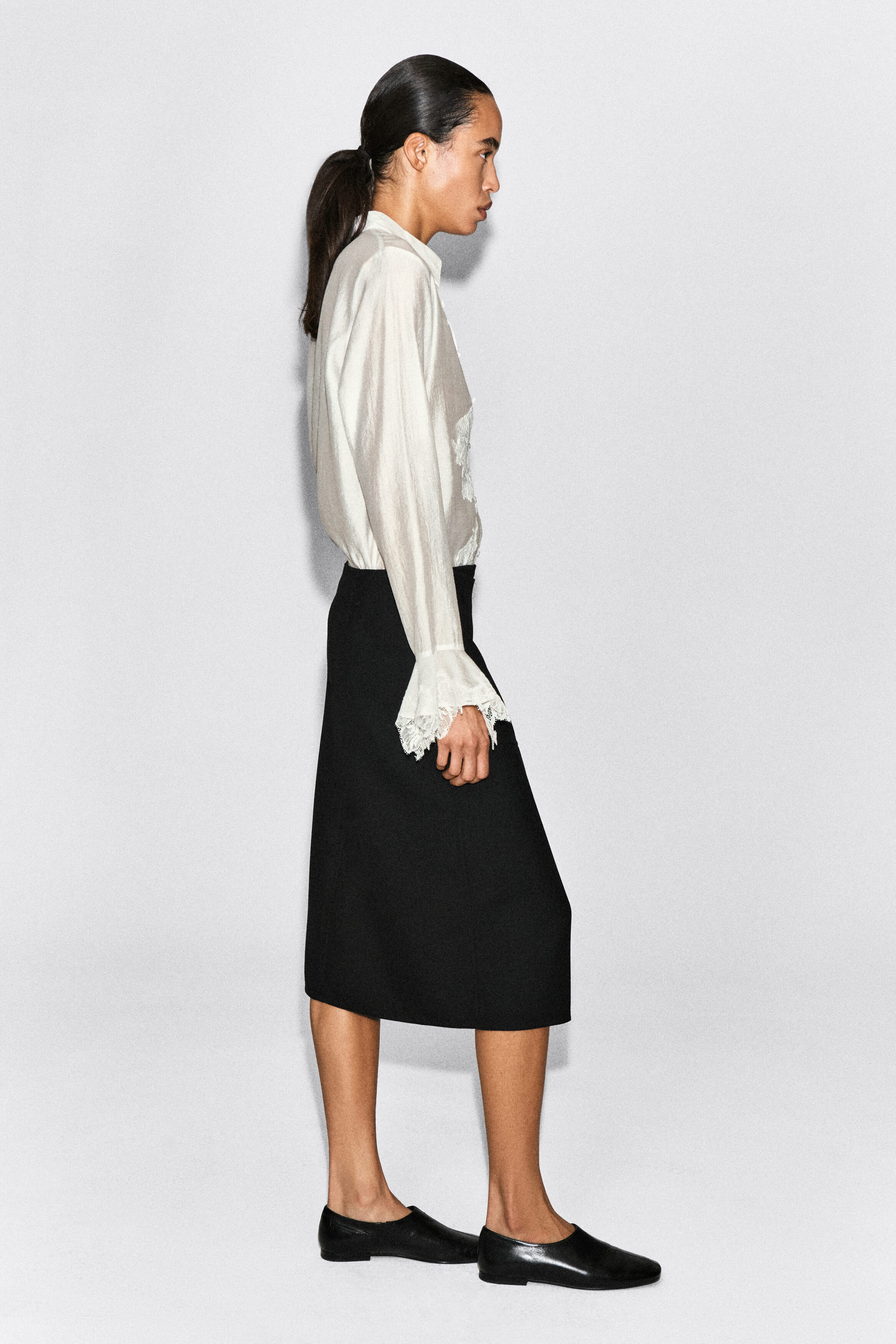 LEATHER-BELT WOOL-TWILL MIDI SKIRT - thumbnail 3