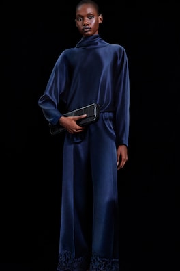 LACE-TRIMMED SATIN PANTS — NAVY 7