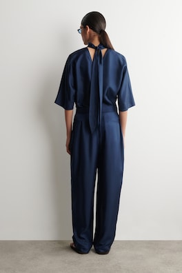 DRAPED PLEATED SILK STRAIGHT-LEG PANTS — NAVY 4