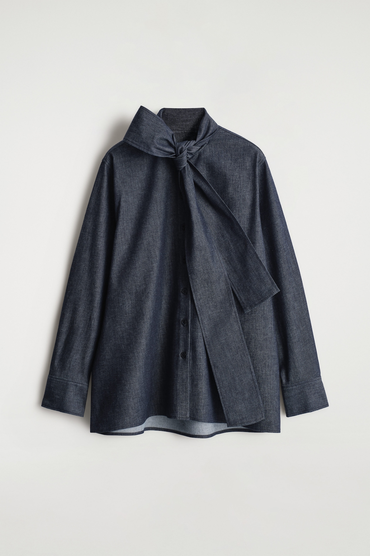 BOW-DETAIL DENIM SHIRT — INDIGO