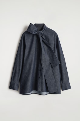 BOW-DETAIL DENIM SHIRT — INDIGO 7