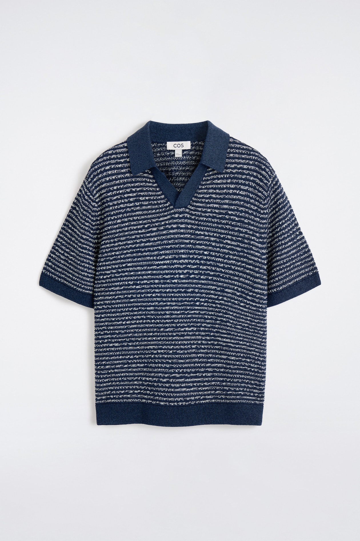 STRIPED OPEN-KNIT POLO SHIRT — NAVY / WHITE / STRIPED
