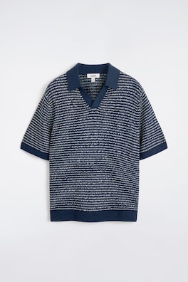 STRIPED OPEN-KNIT POLO SHIRT — NAVY / WHITE / STRIPED 7