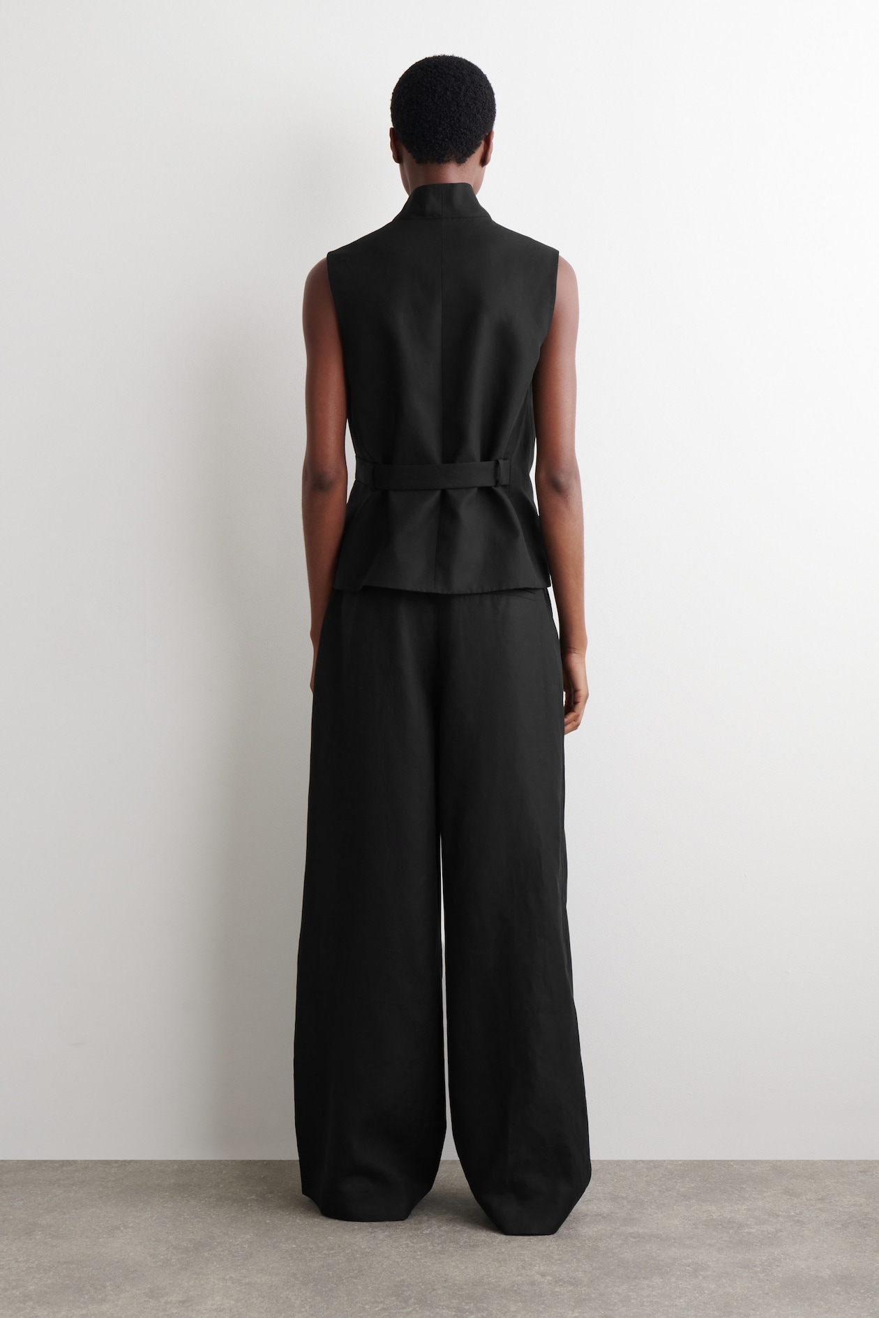 RELAXED LINEN-BLEND WIDE-LEG PANTS — BLACK MÉLANGE