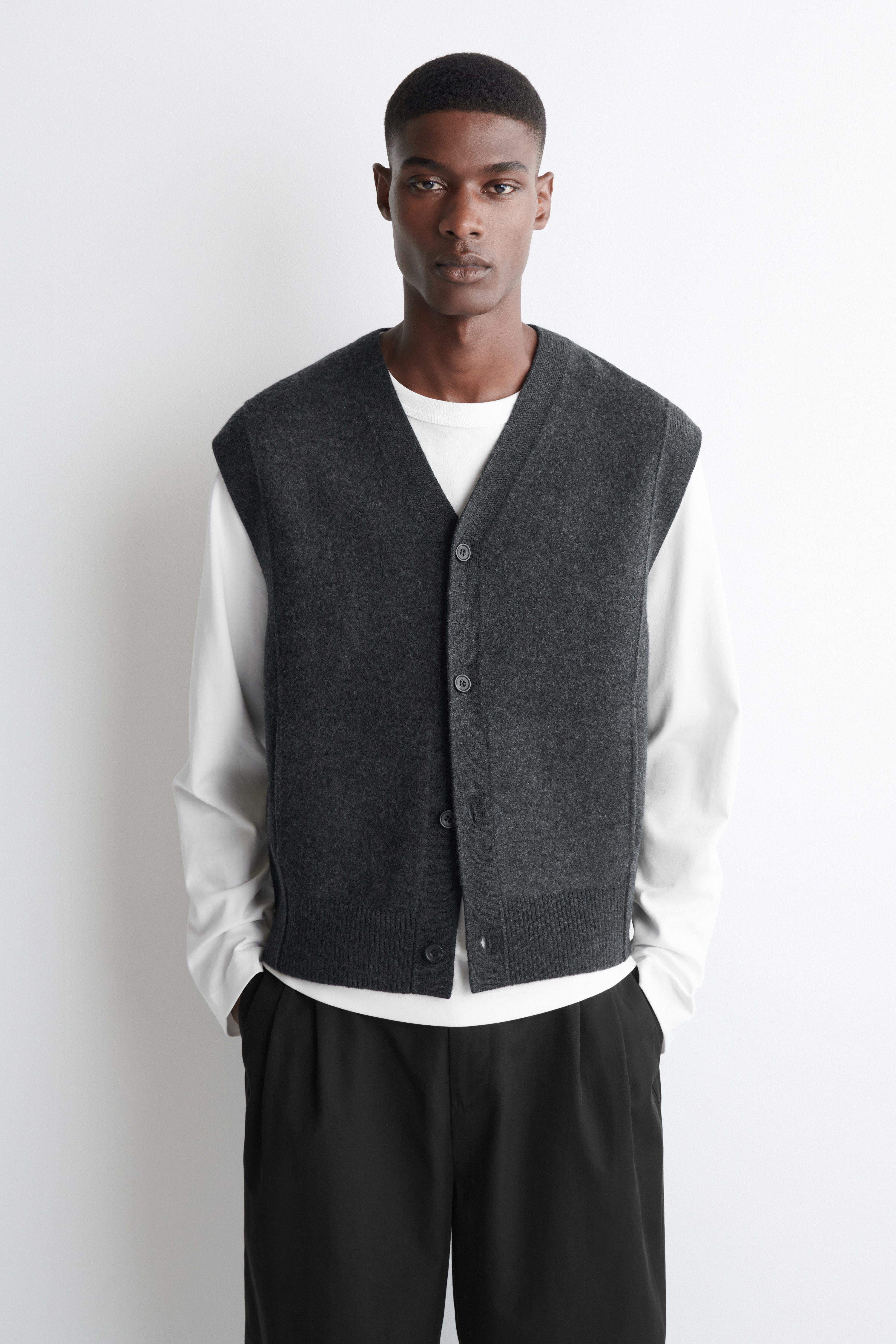 BUTTONED BOILED-WOOL VEST - CHARCOAL/DARK KHAKI