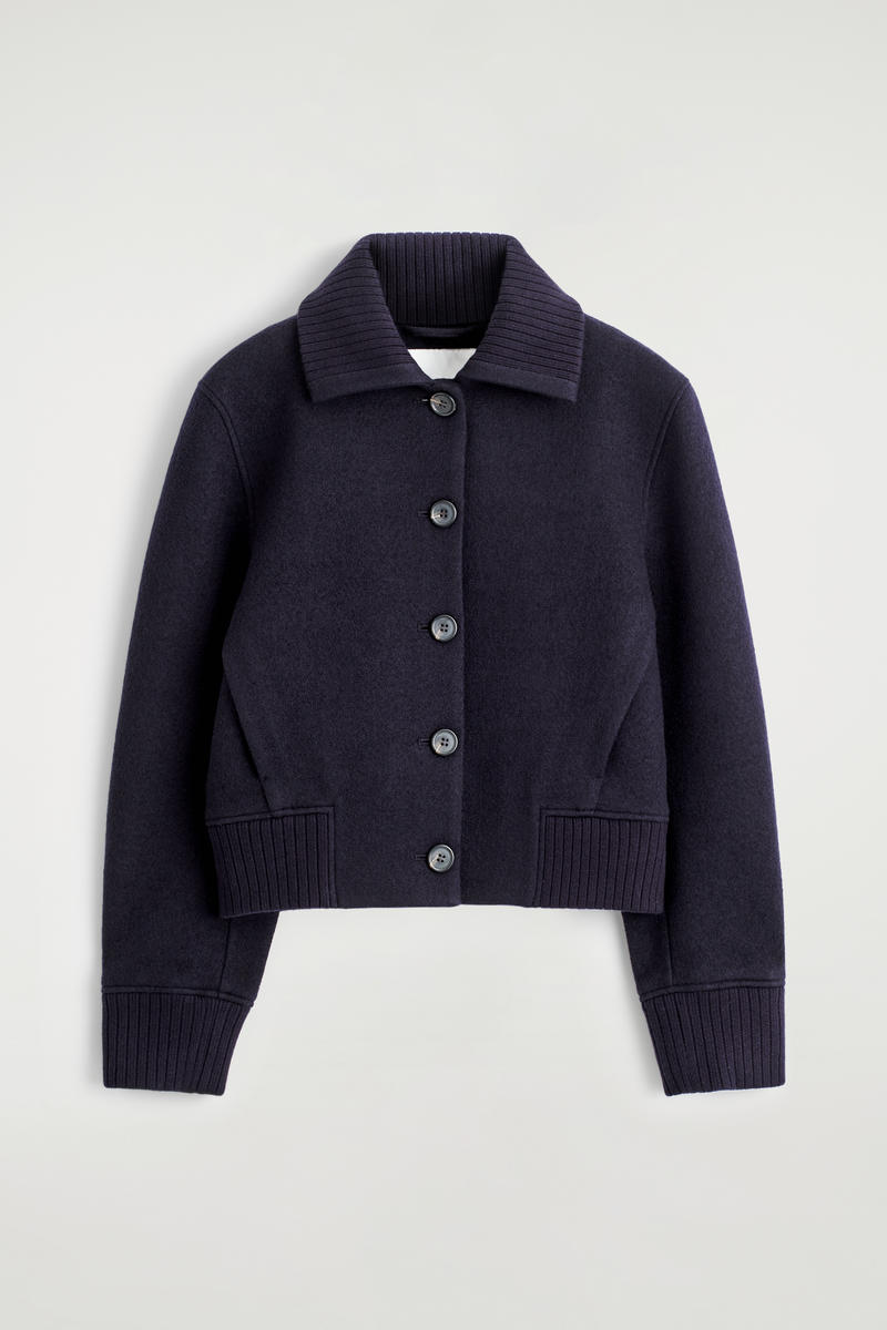 Cos Ribbed-collar Boiled Merino Wool Jacket In Blue