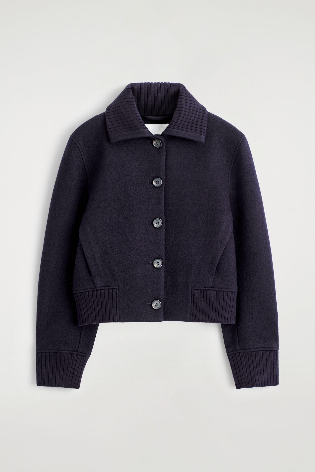 RIBBED-COLLAR BOILED MERINO WOOL JACKET — NAVY