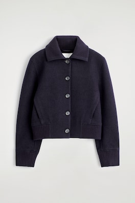 RIBBED-COLLAR BOILED MERINO WOOL JACKET — NAVY 7