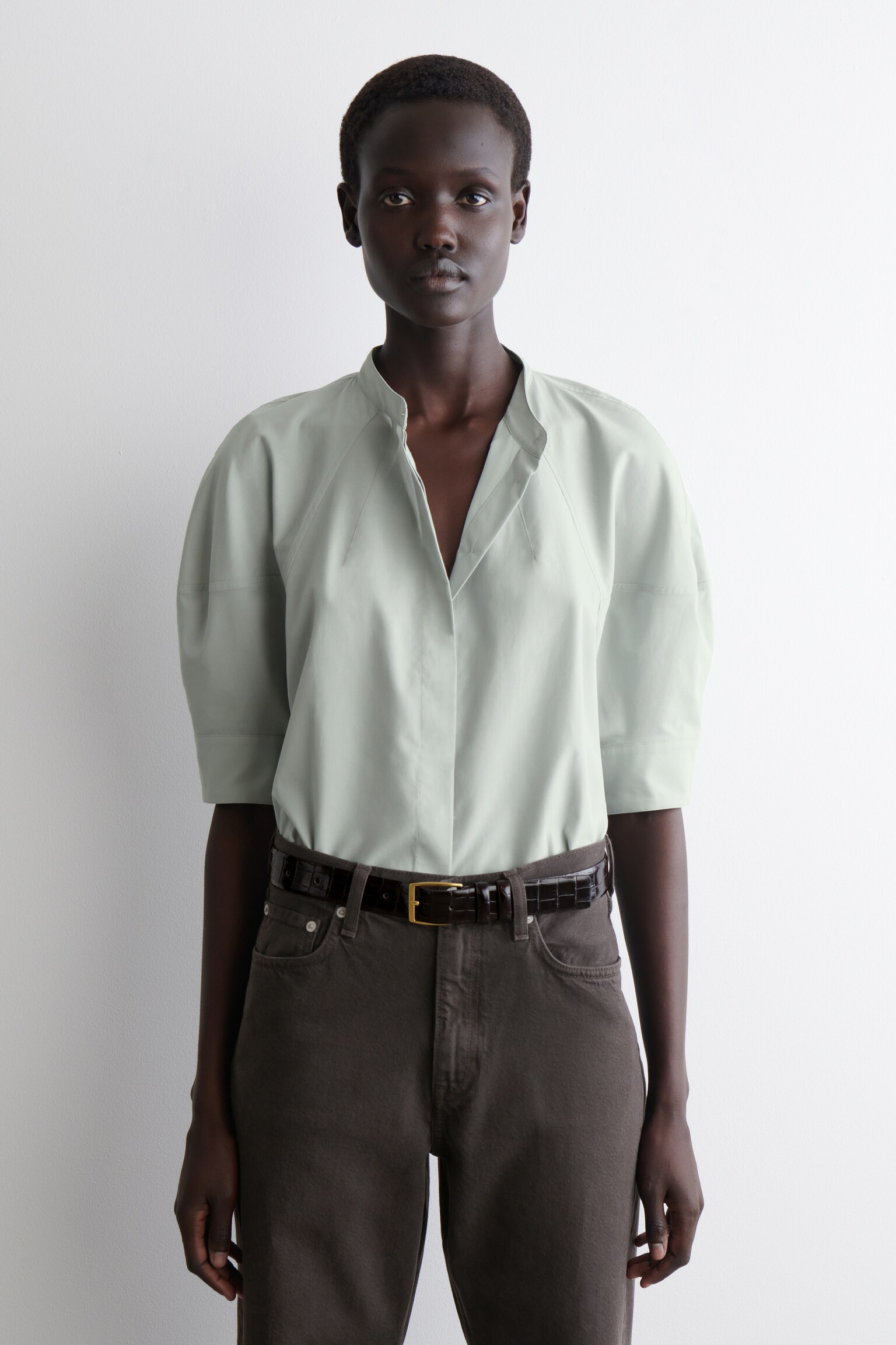 BLUSA IN COTONE CON MANICHE A PALLONCINO - TURCHESE CHIARO/PRUGNA