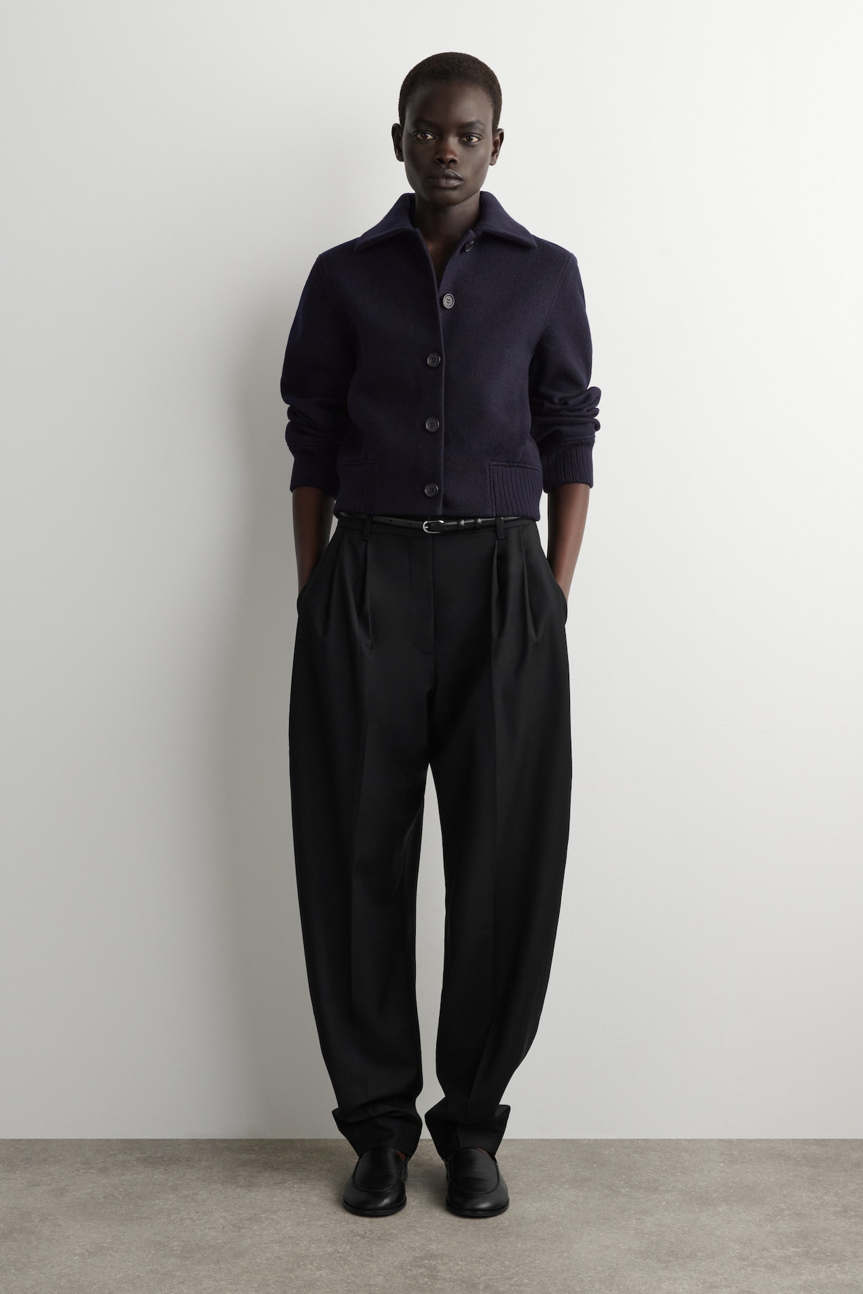 RIBBED-COLLAR BOILED MERINO WOOL JACKET — NAVY