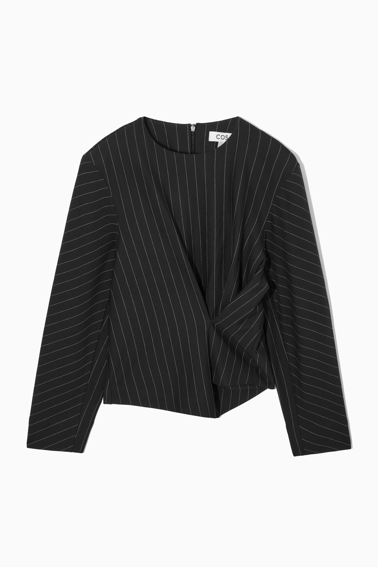 PINSTRIPED DRAPED TOP - BLACK / PINSTRIPED