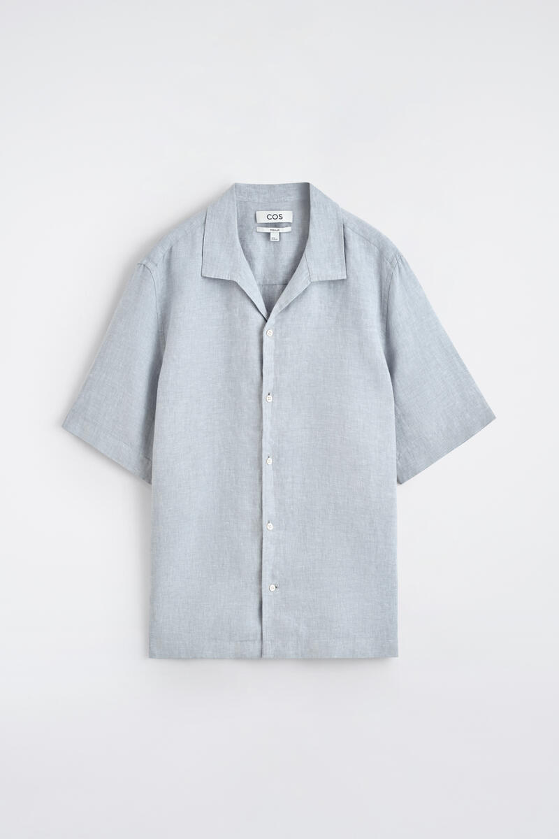 COS Camp-Collar Short-Sleeved Linen Shirt In Blue Men's Small