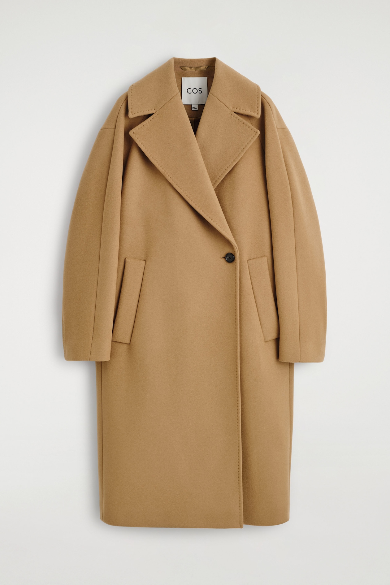 OVERSIZED DOUBLE-BREASTED WOOL LONG COAT — CAMEL