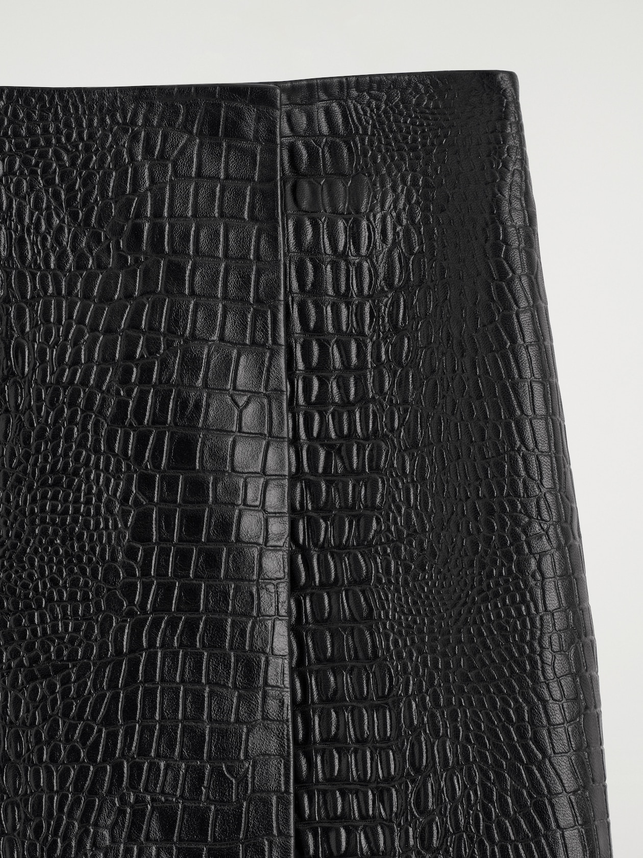 CROC-EFFECT LEATHER MINI WRAP SKIRT — BLACK