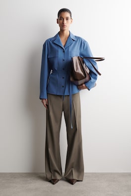 BELTED MERINO WOOL BLEND UTILITY SHIRT — BLUE 2