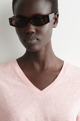 V-NECK LINEN T-SHIRT — PINK MÉLANGE 4