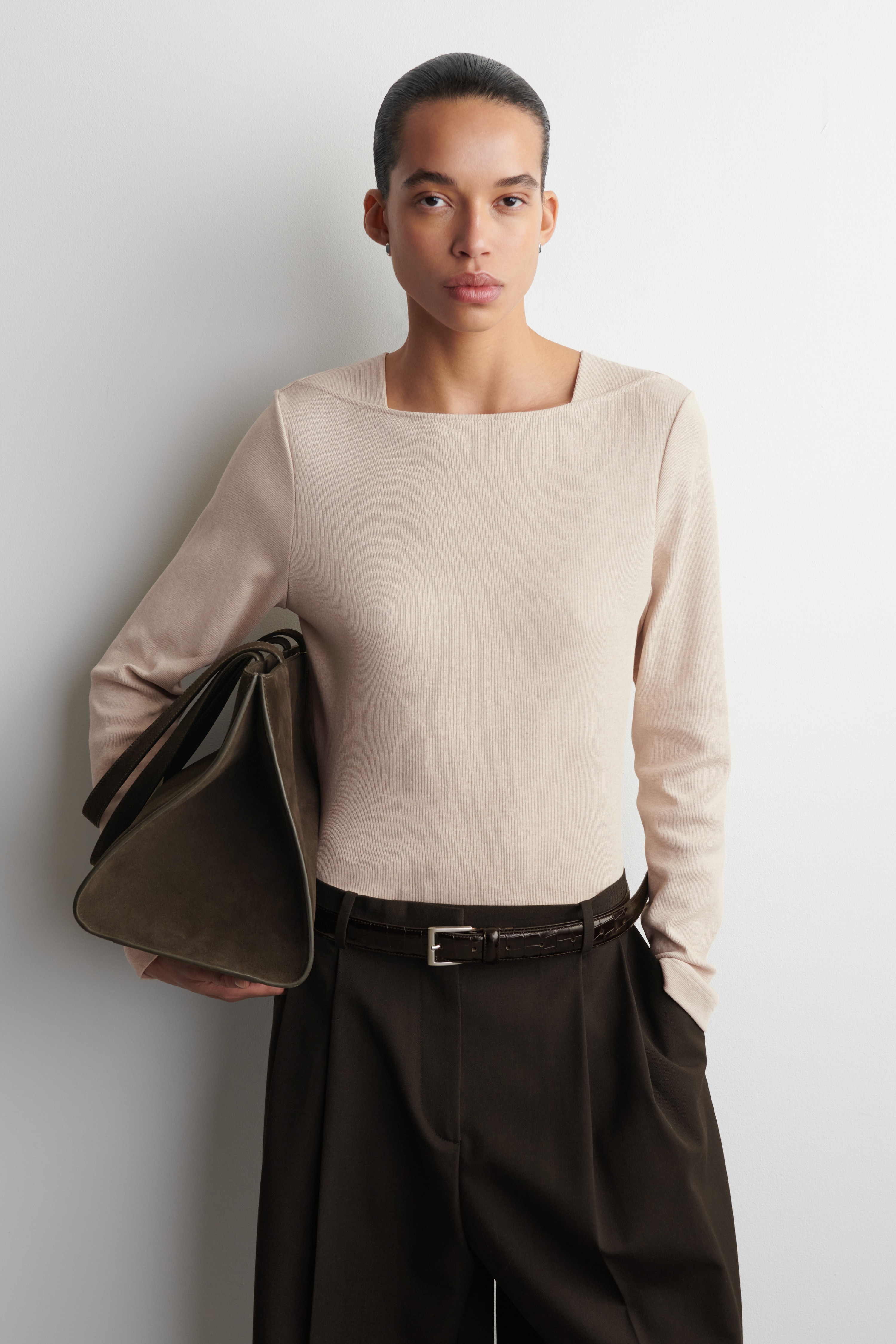 HOSSZÚ UJJÚ PAMUT JERSEY FELSŐ - ECRU/SÖTÉTSZÜRKE