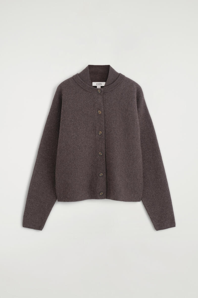 Layered-Collar Boiled Wool Cardigan