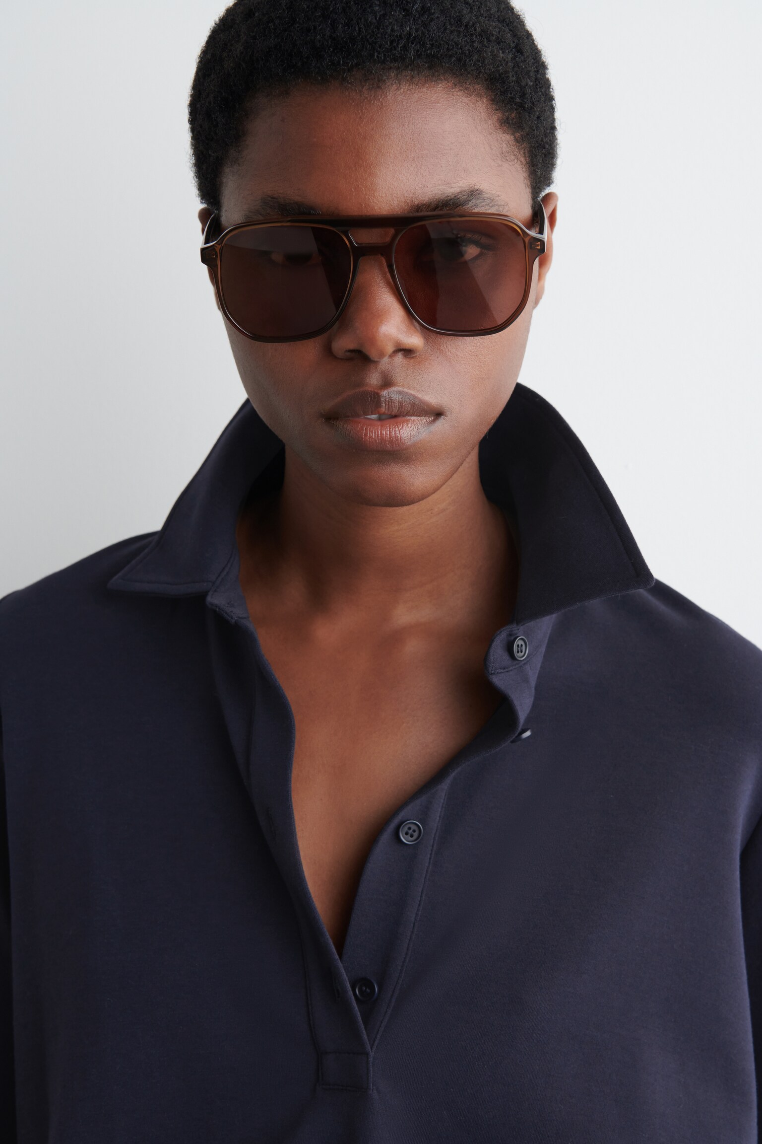 POLO ÉVASÉ EN JERSEY DE COTON - BLEU MARINE/BRUN - 4
