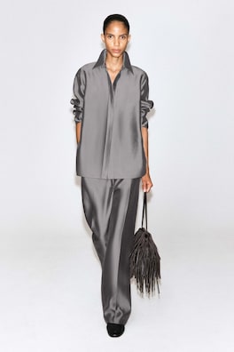 TAILORED SILK STRAIGHT-LEG PANTS — PEWTER 1