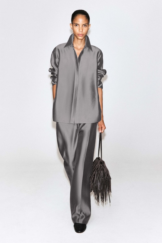 TAILORED SILK STRAIGHT-LEG PANTS — PEWTER
